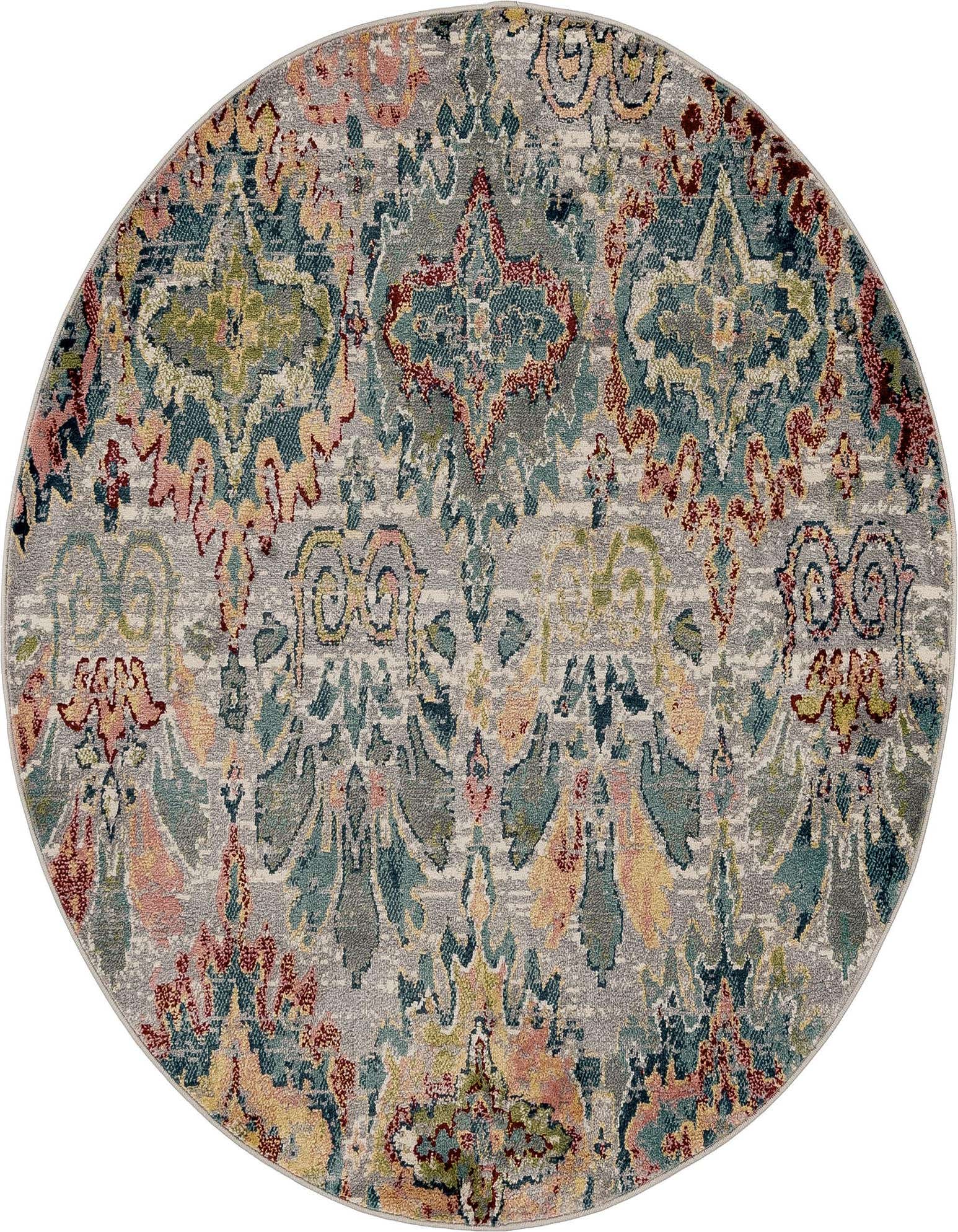 A 5' 0 x 5' 0 round multi-colored transitional rug with a distressed floral and bohemian pattern on a light gray background.