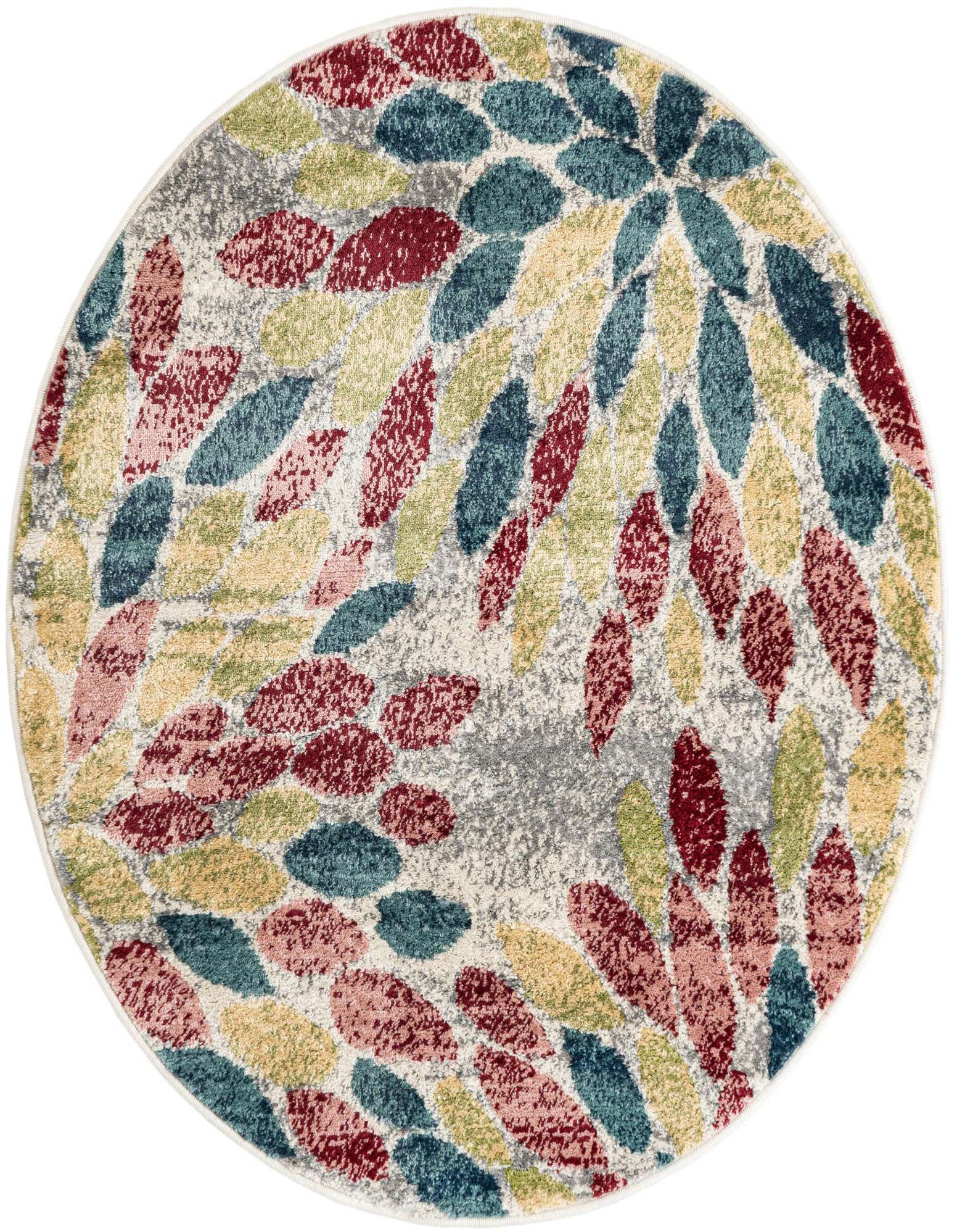 A 4' 1 x 4' 1 round multi-colored rug with a modern floral pattern featuring teal, red, pink, and green leaf shapes on a light background.
