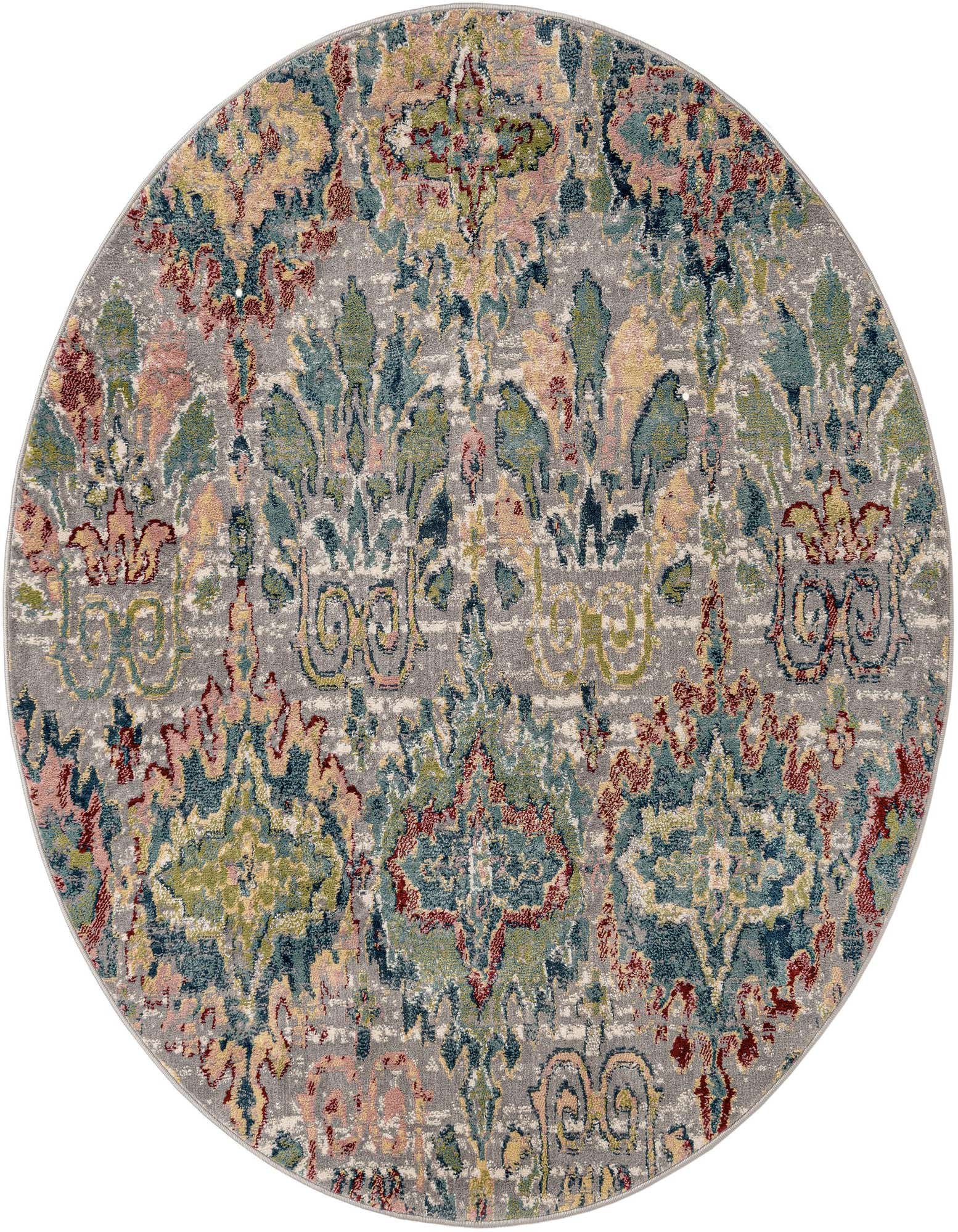 A 6' round multi-colored rug with an abstract floral pattern on a gray background, suitable for an indoor patio.