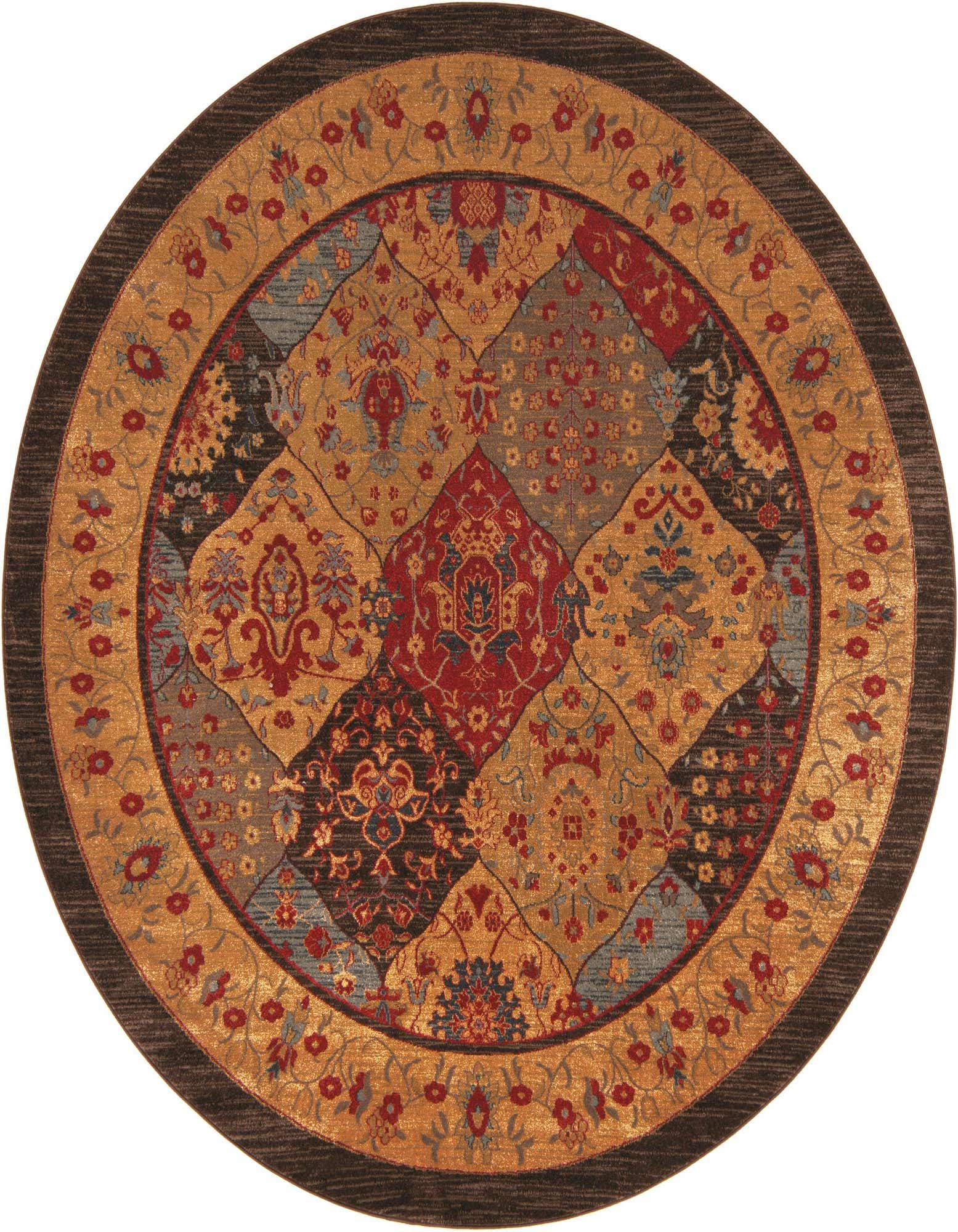A round, multi-colored Bohemian rug featuring a patchwork design with traditional motifs in red, gold, blue, and black, framed by a floral border.
