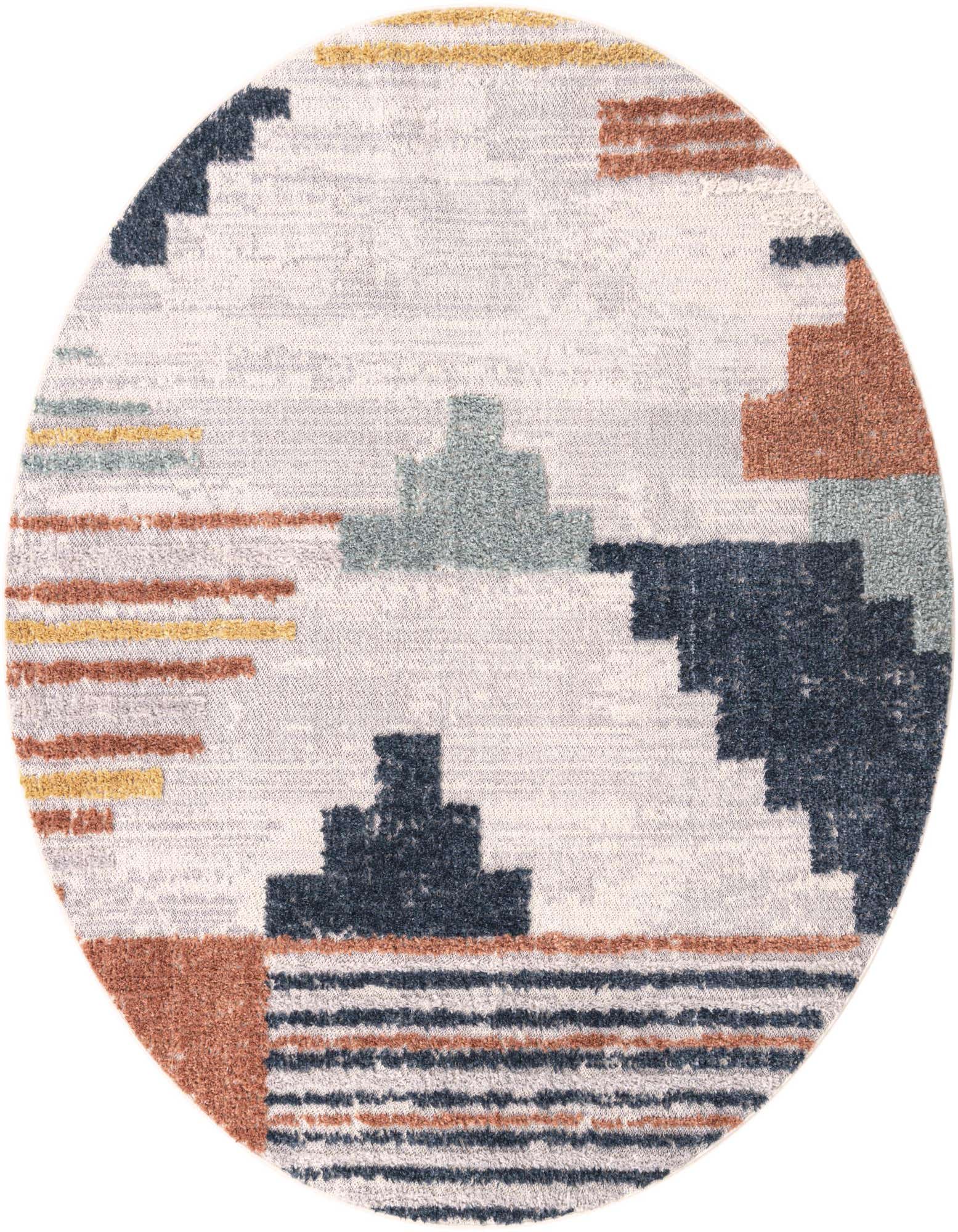 A round, multi-colored tribal rug with an abstract pattern featuring shades of blue, rust, gold, and teal on a light background.