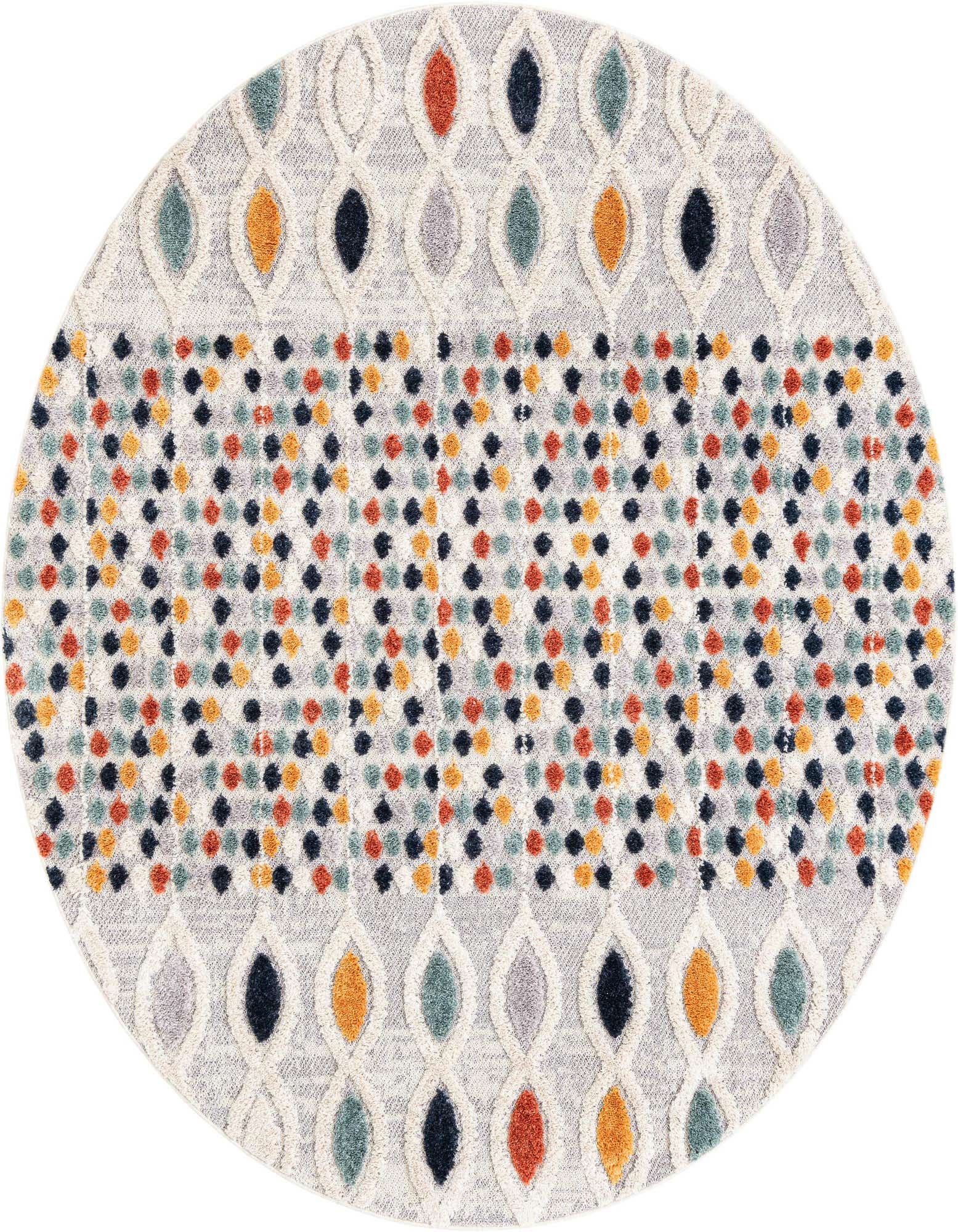 A round, multi-colored tribal rug with a high pile, featuring a central band of colorful dots and borders of alternating solid and outlined diamond shapes.