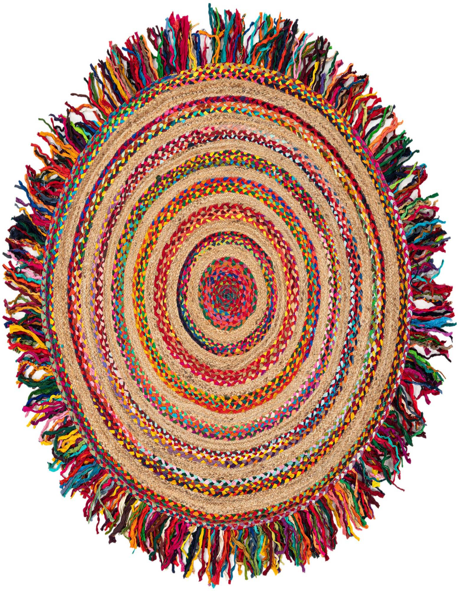 A round, multi-colored Chindi Jute rug with braided natural jute and vibrant recycled fabric strips forming concentric circles and a fringed edge.