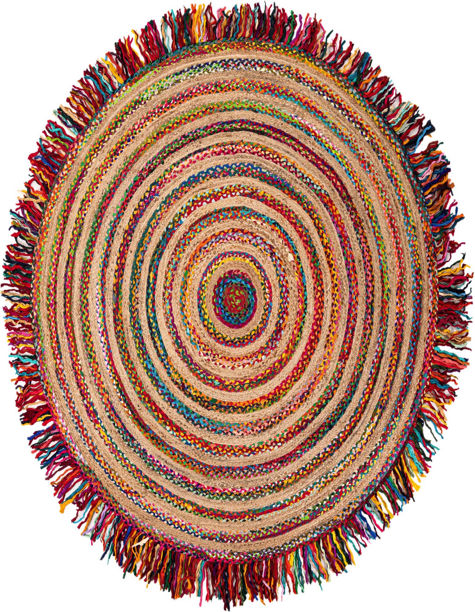 A 7' 10 x 7' 10 round Chindi Jute rug with a multi-colored braided pattern and fringe.