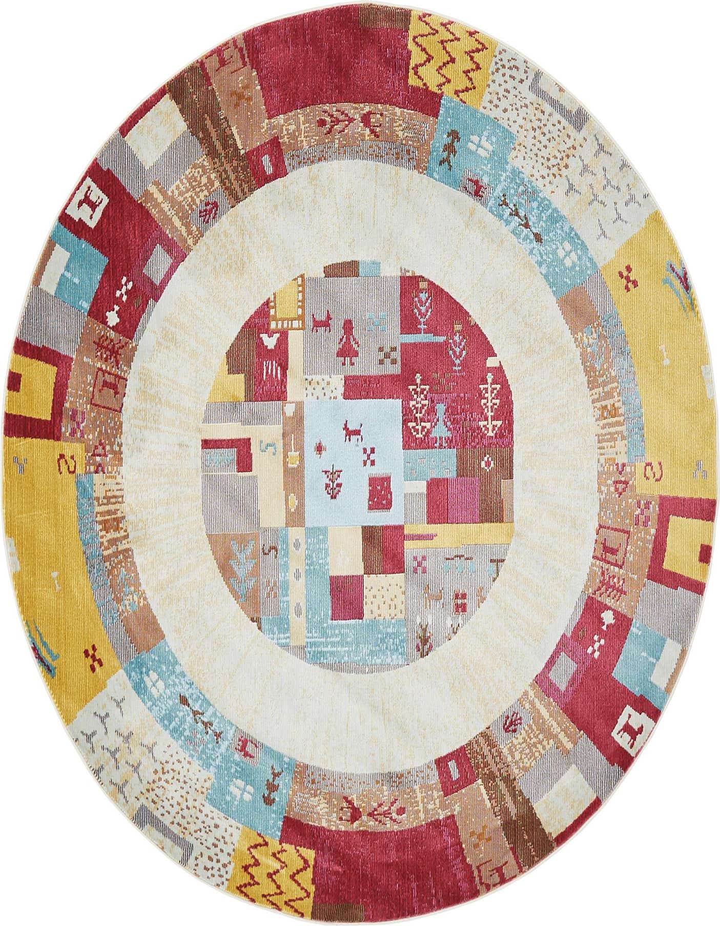 A 5' 5 round multi-colored polypropylene rug with a country, tribal, and abstract pattern, featuring various shapes and motifs.