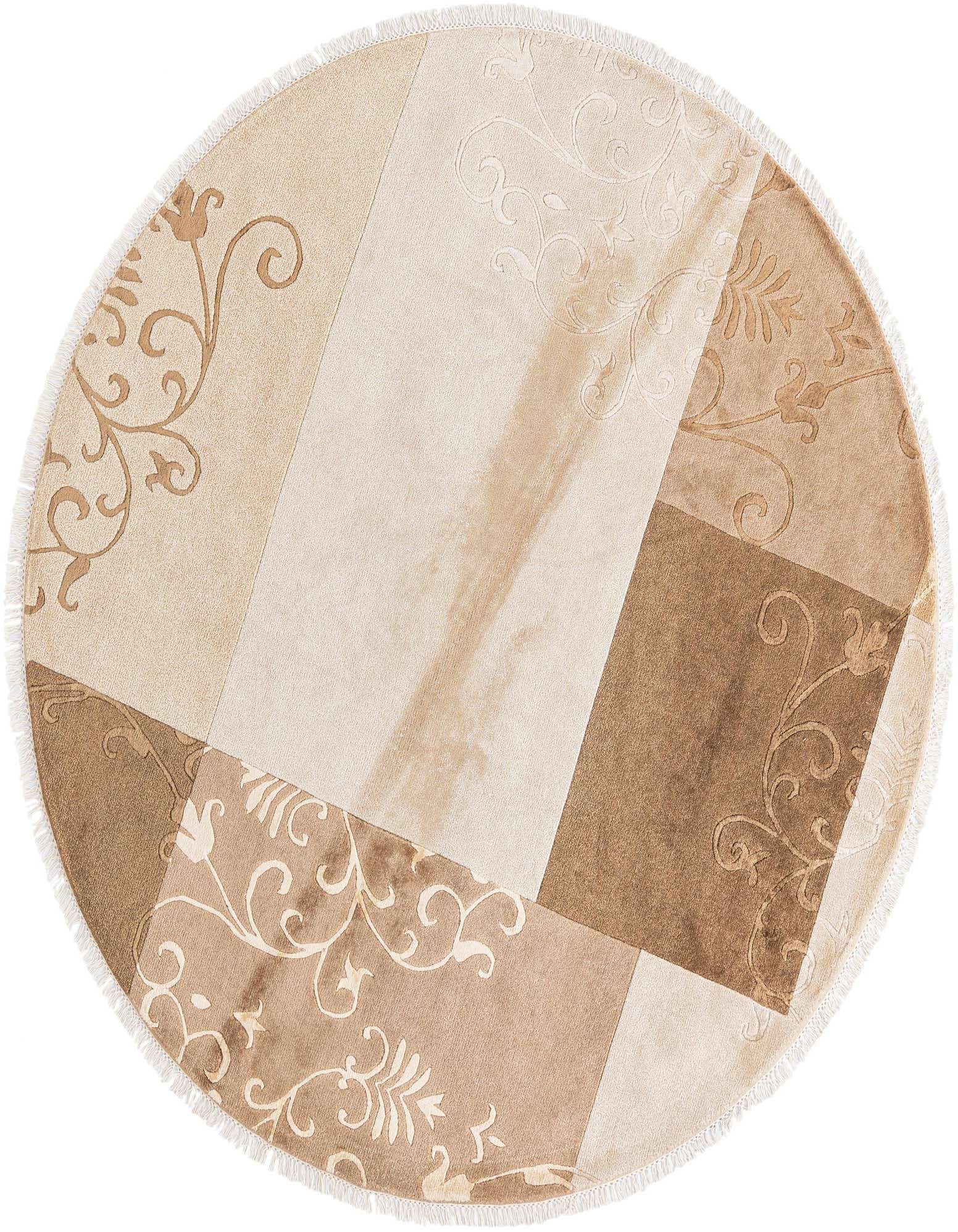 A round, multi-colored Rugs.com Darya rug featuring a modern oriental patchwork design in various shades of beige and brown, with intricate floral and scroll patterns, and a fringed edge.