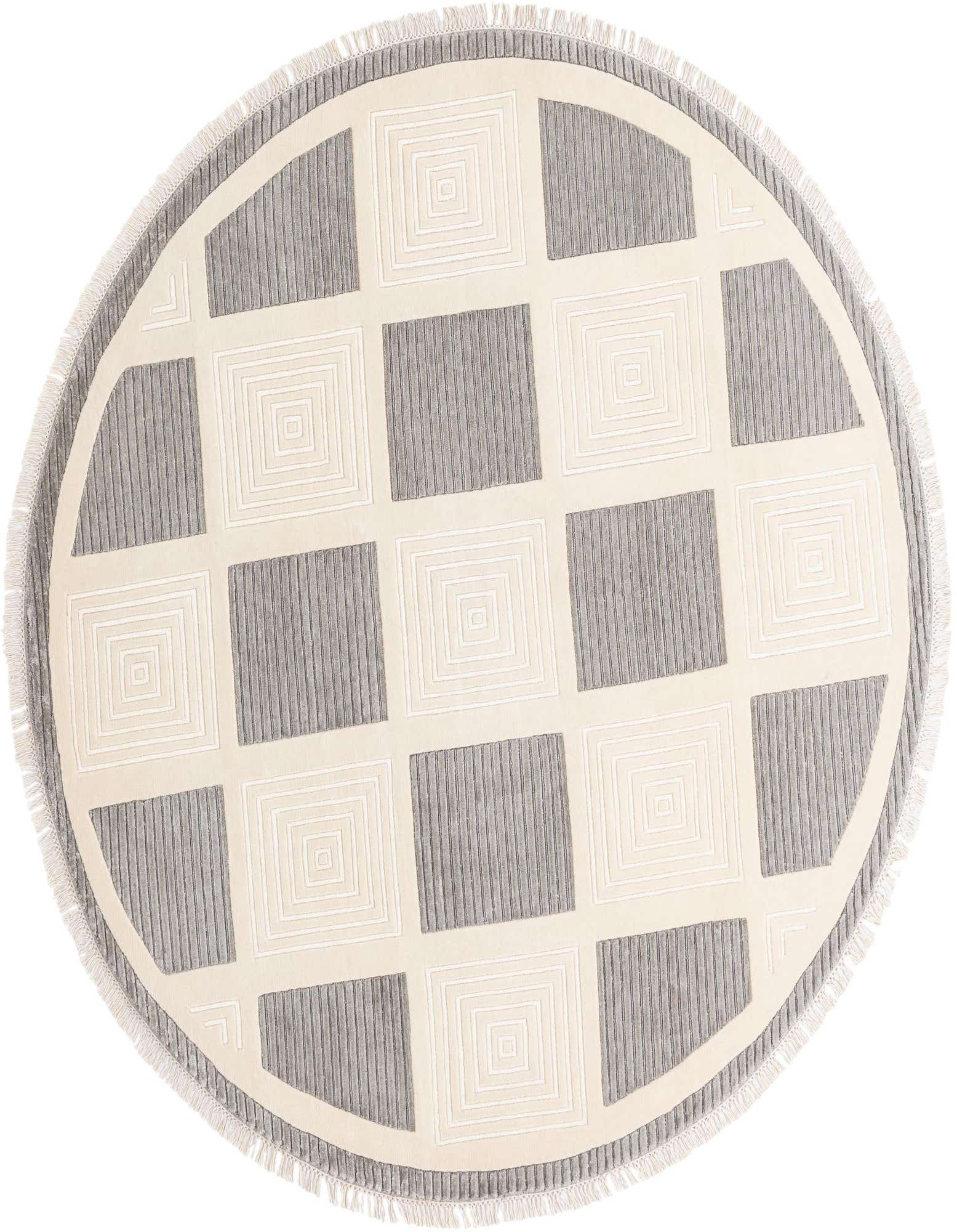 A round, multi-colored wool rug with a modern geometric pattern featuring cream and gray squares, framed by a subtle fringe.