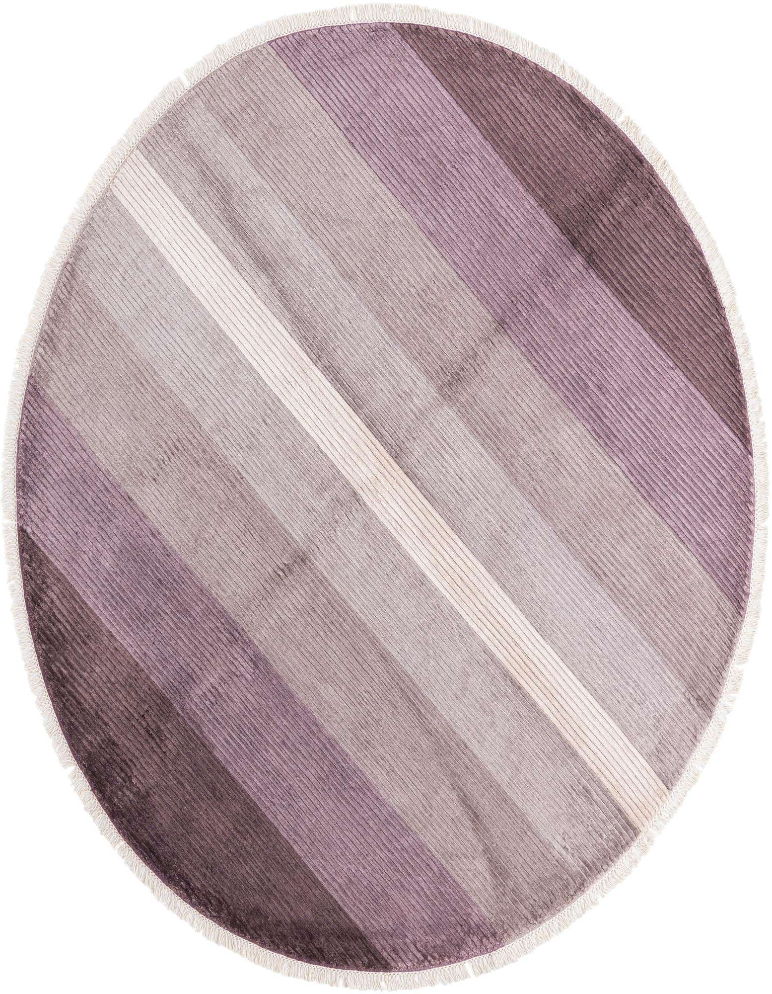 A round, multi-colored wool rug with diagonal stripes in shades of purple, grey, and cream, featuring a fringed edge.