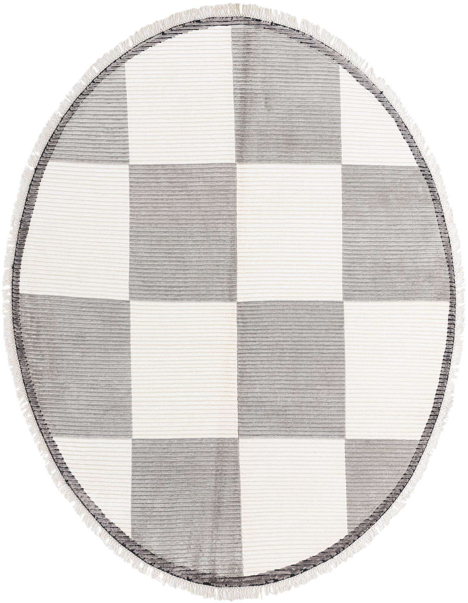 A round, multi-colored Darya rug from Rugs.com, featuring a modern checkered pattern in white and grey with a fringed edge.