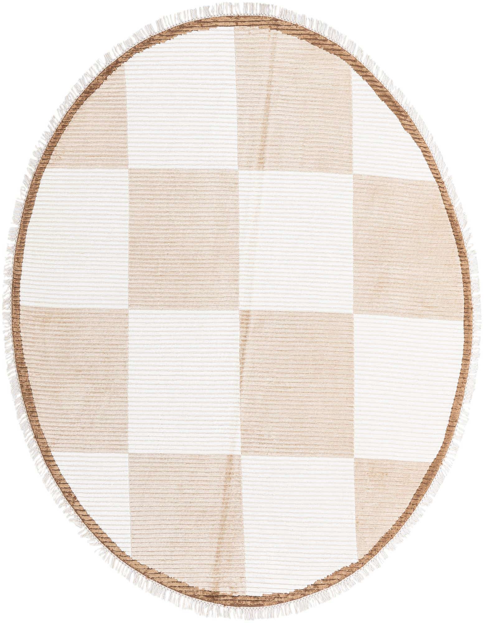 A round, high-pile Darya rug from Rugs.com featuring a modern checkerboard pattern in multi-colored wool, with a fringed edge.