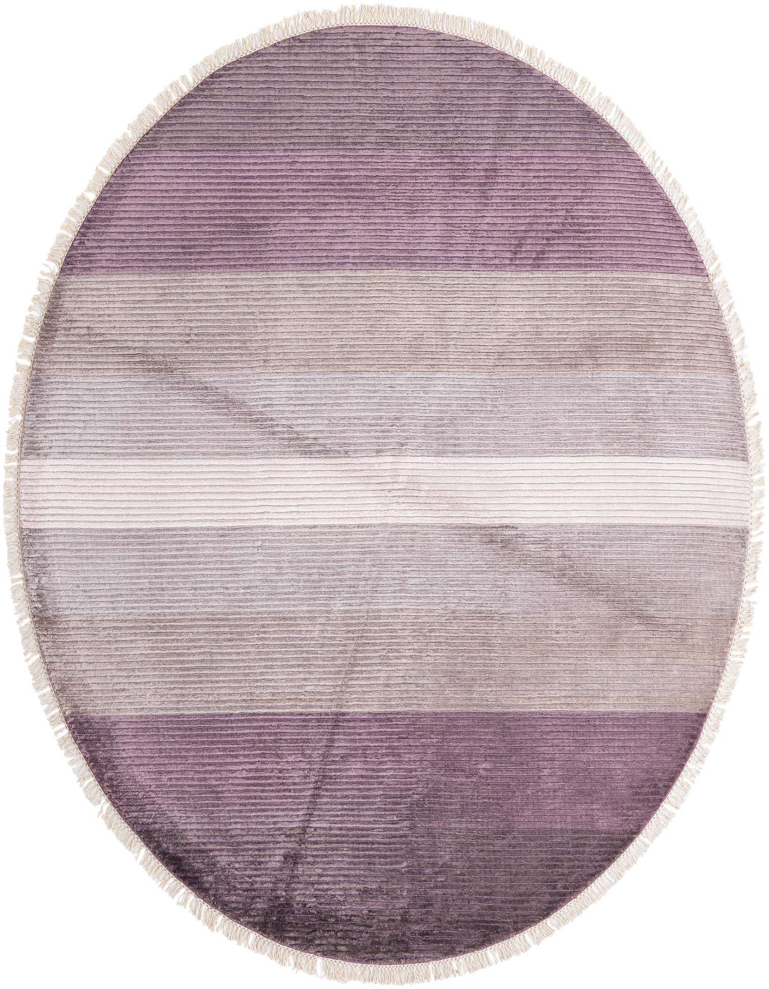 A round, multi-colored wool rug with horizontal stripes in shades of purple, grey, and white, featuring a fringed edge.