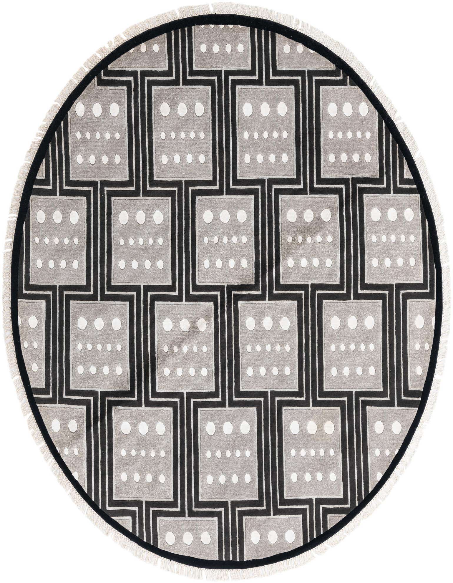 A round, multi-colored wool rug with a modern geometric pattern of interconnected squares and white dots.
