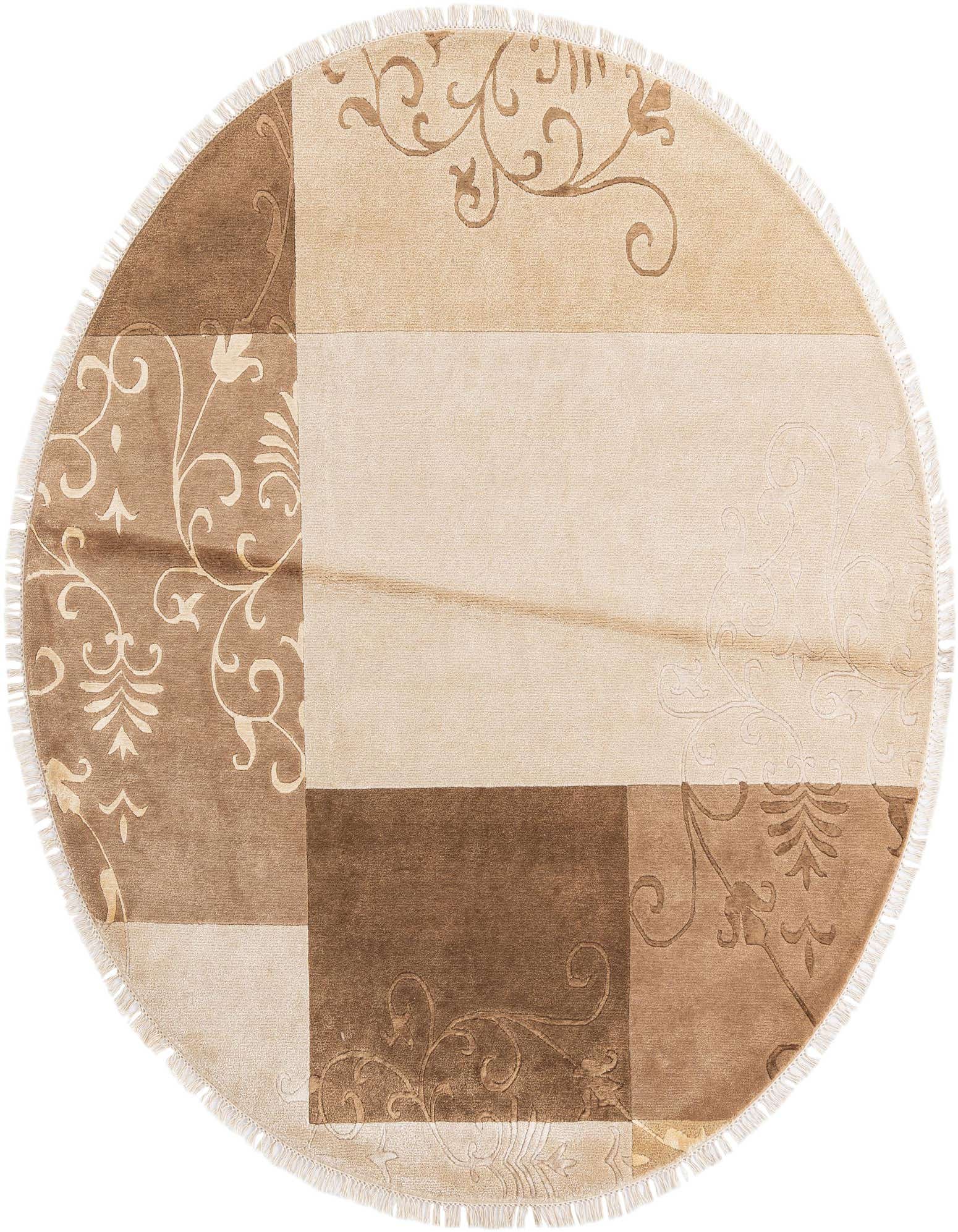 A round, multi-colored wool rug with a modern oriental pattern in shades of brown and beige, featuring floral and scroll motifs.