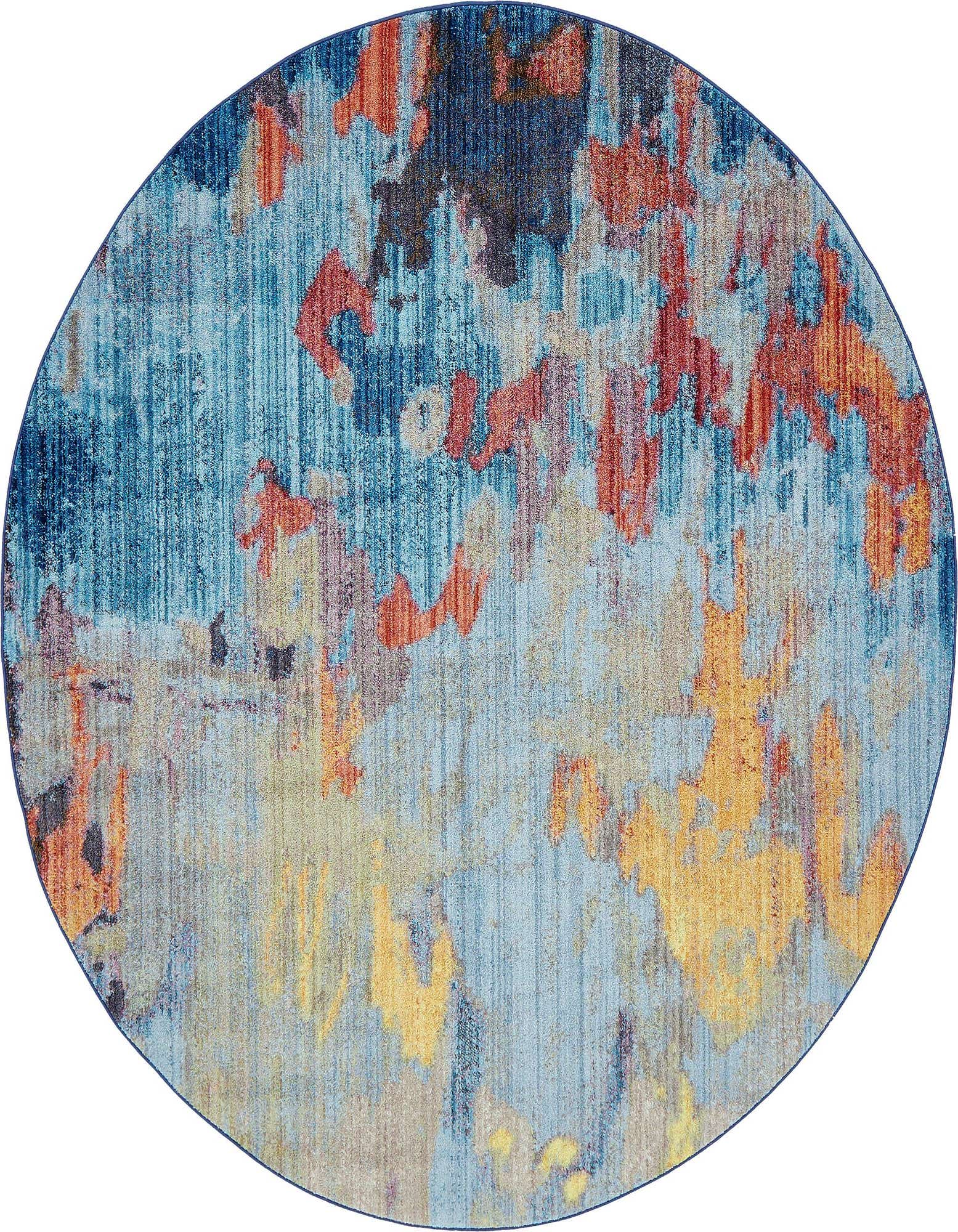 A round 8' multi-colored abstract rug from the Downtown Collection, featuring vibrant blues, oranges, and yellows.