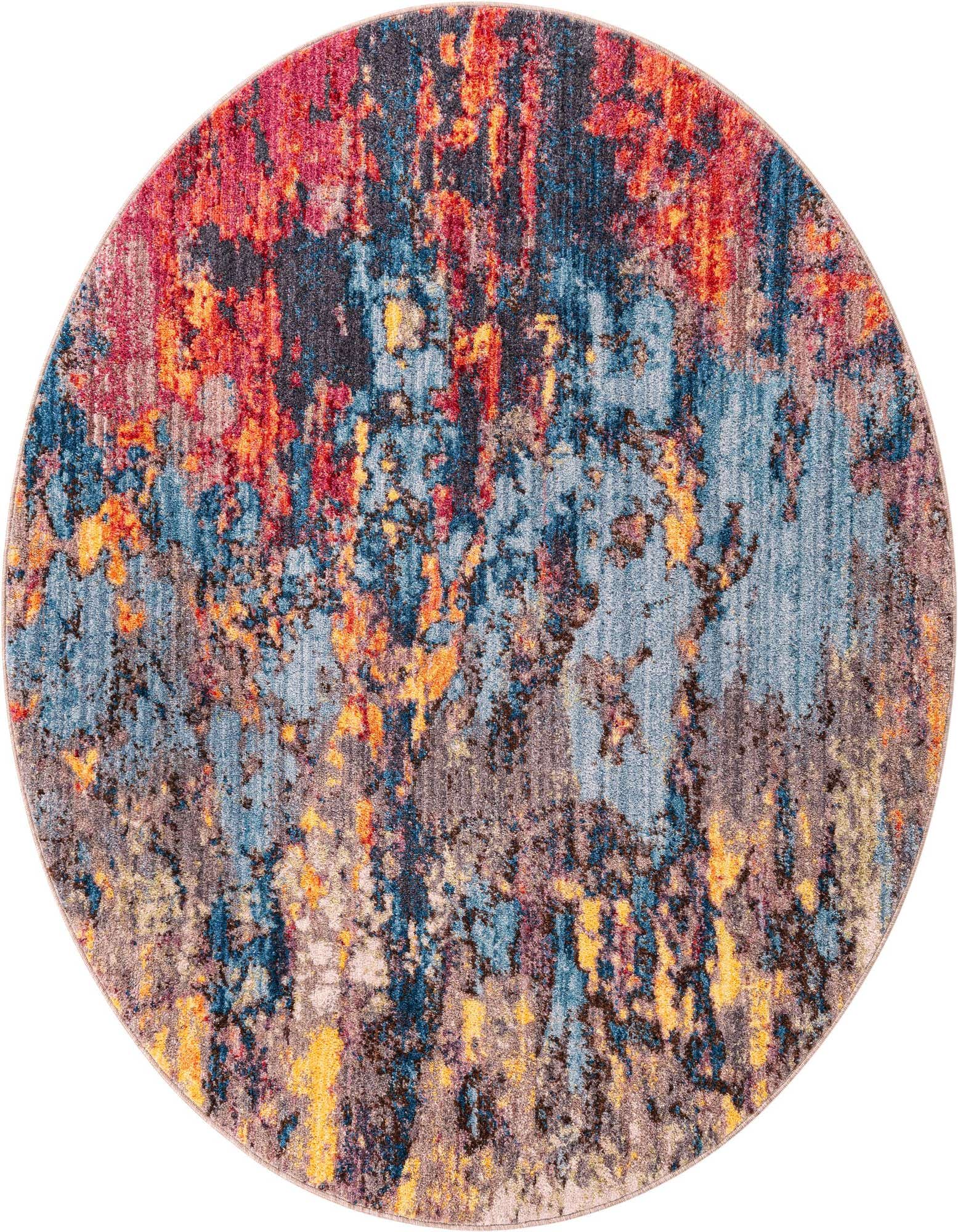 A 5' 3 round modern abstract rug with a vibrant multi-colored pattern of red, blue, orange, and yellow hues.