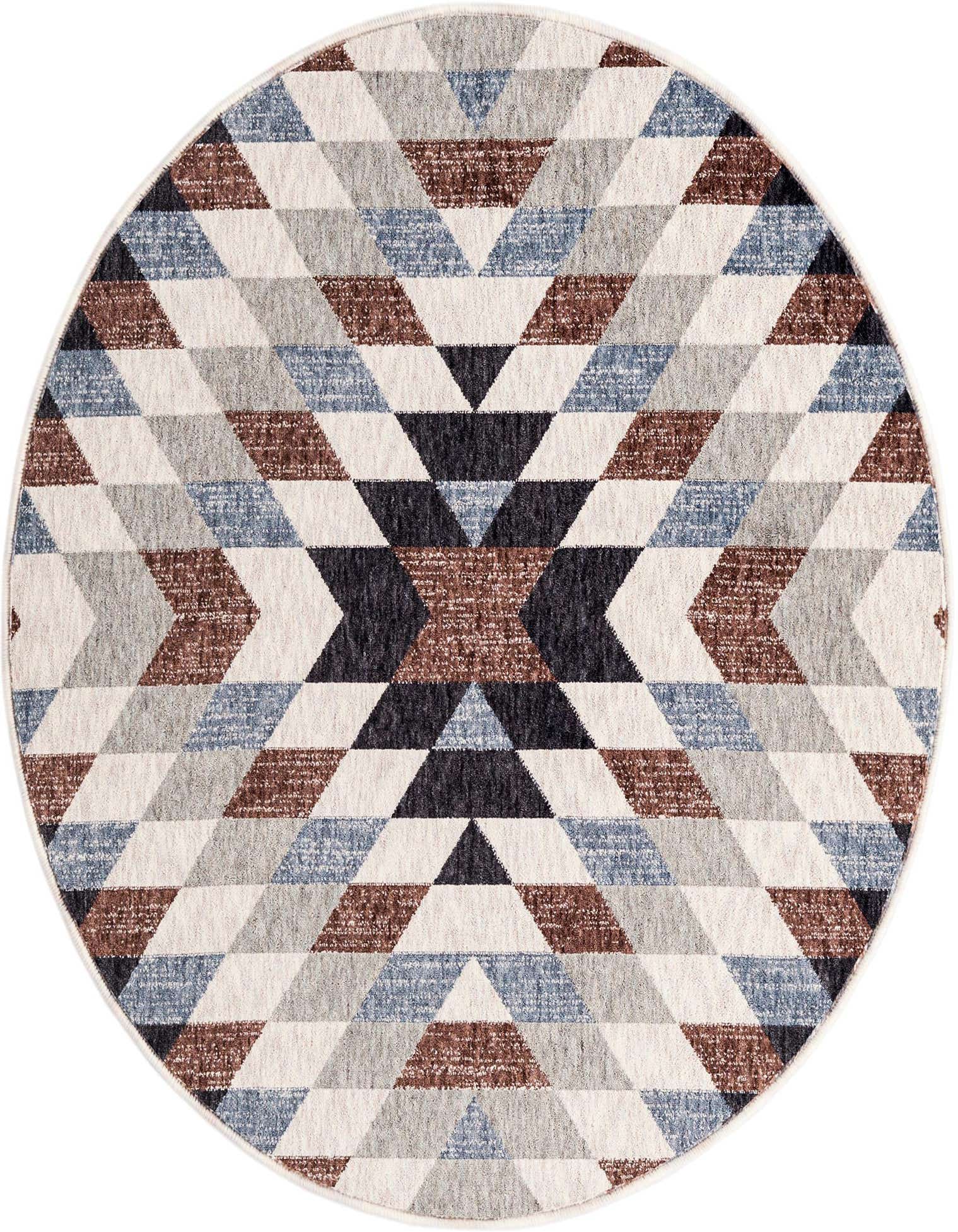 A round, multi-colored Eco Southwestern rug featuring a geometric tribal pattern in shades of blue, brown, grey, and cream.