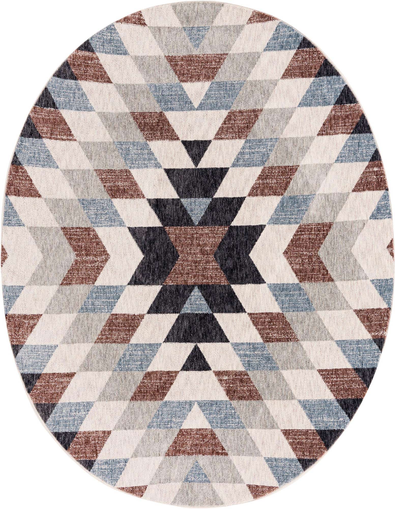 A 7' round Eco Southwestern rug featuring a multi-colored geometric pattern in brown, blue, gray, and cream.