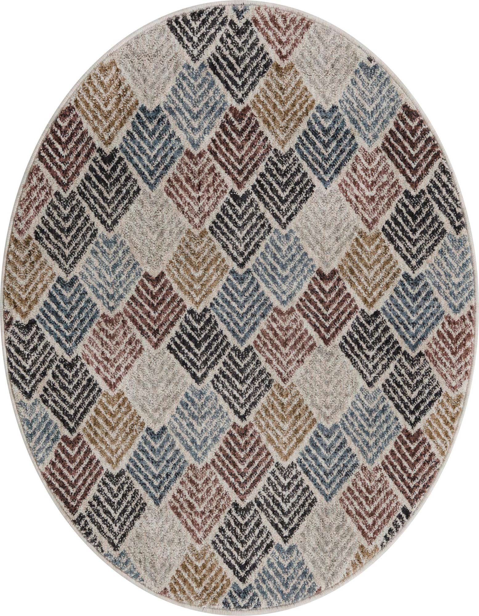 A 3' 3 x 3' 3 round Eco Trellis rug featuring a modern multi-colored trellis pattern in shades of blue, brown, and black on a light background.