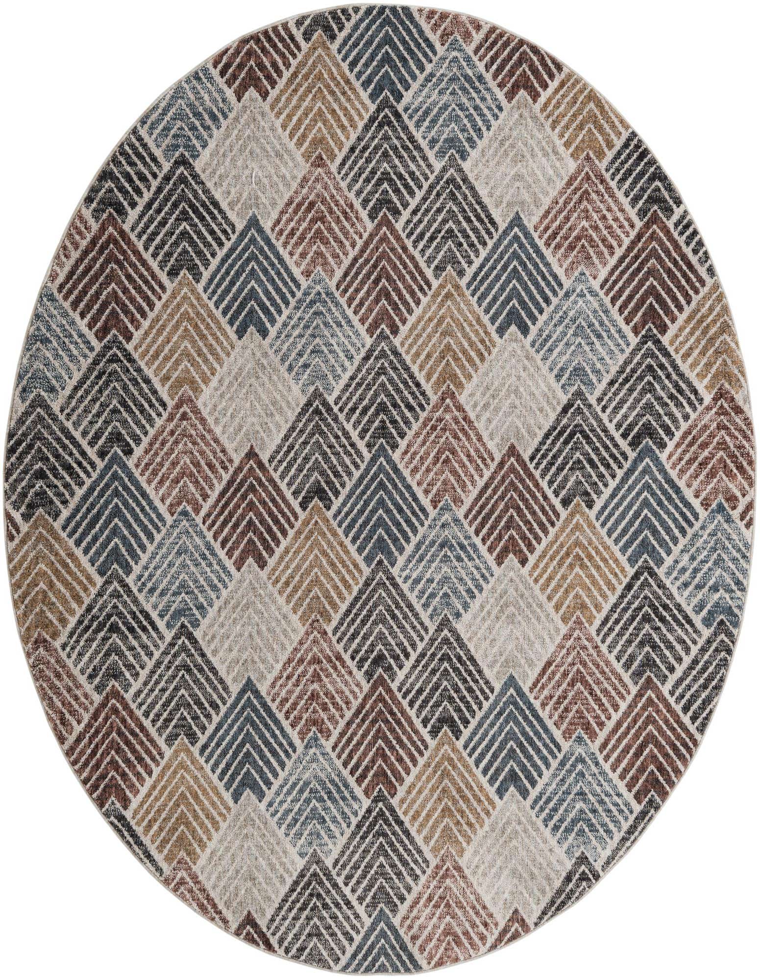 A 7' round multi-colored rug with a modern trellis pattern in shades of blue, brown, and grey.