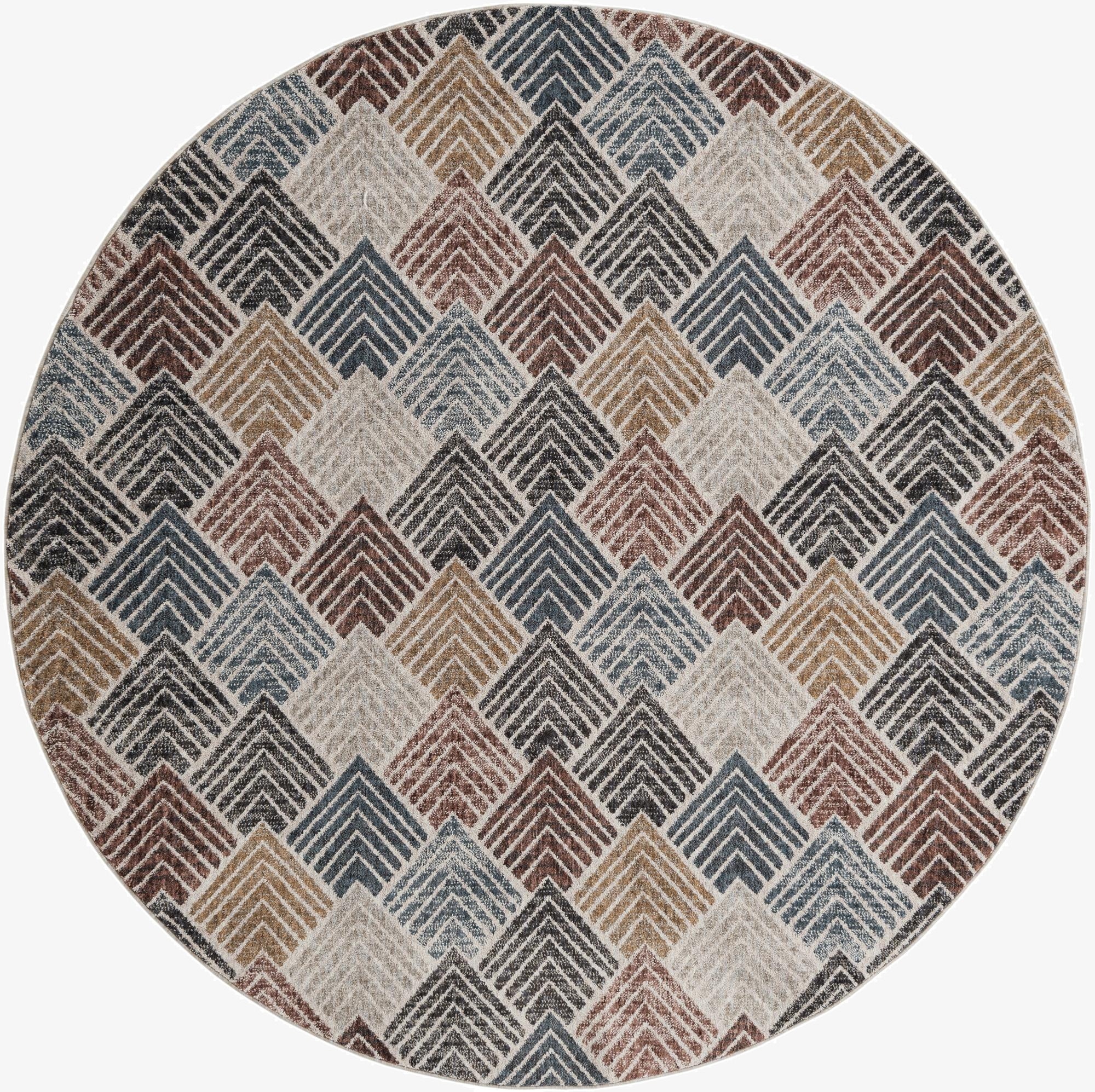 A 7' round multi-colored rug with a modern trellis pattern in shades of blue, brown, and grey.