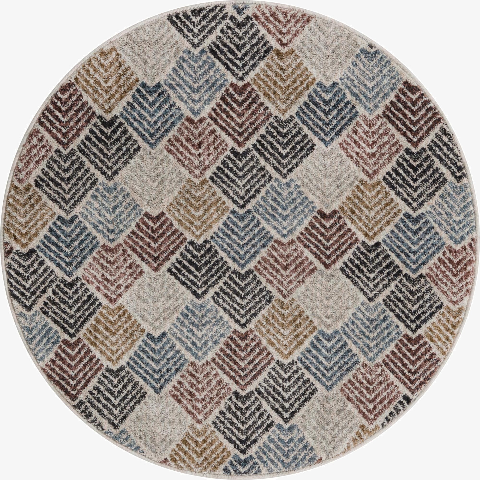 A 3' 3 x 3' 3 round Eco Trellis rug featuring a modern multi-colored trellis pattern in shades of blue, brown, and black on a light background.