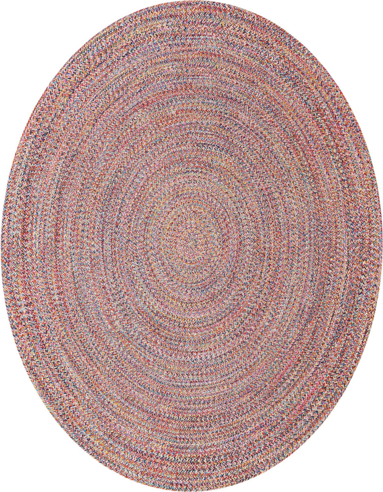 A 10-foot round multi-colored braided rug, featuring a modern stripe pattern, made from recycled materials.