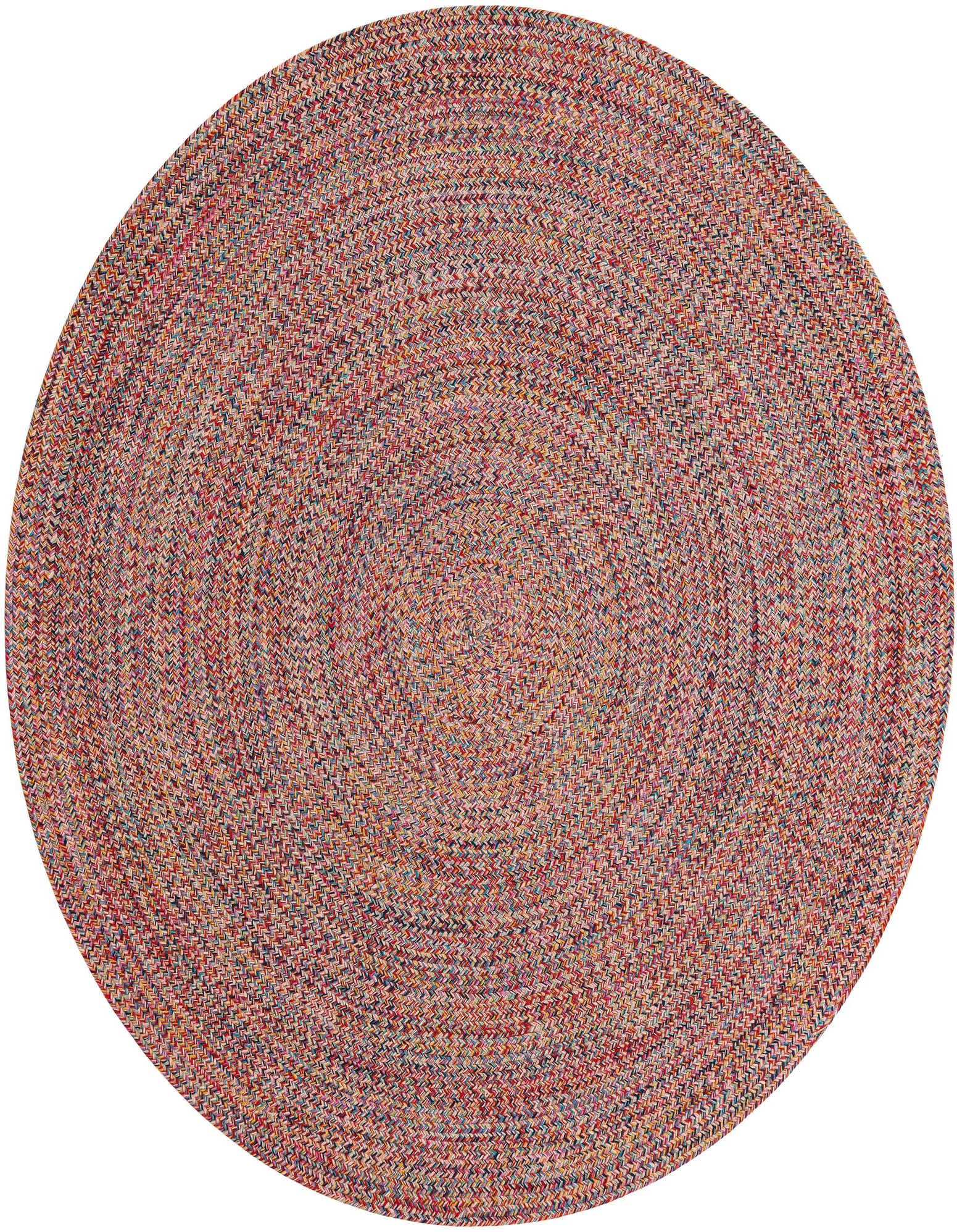 A 5' 3 round, multi-colored braided rug with a modern stripe pattern, suitable for indoor or outdoor use.