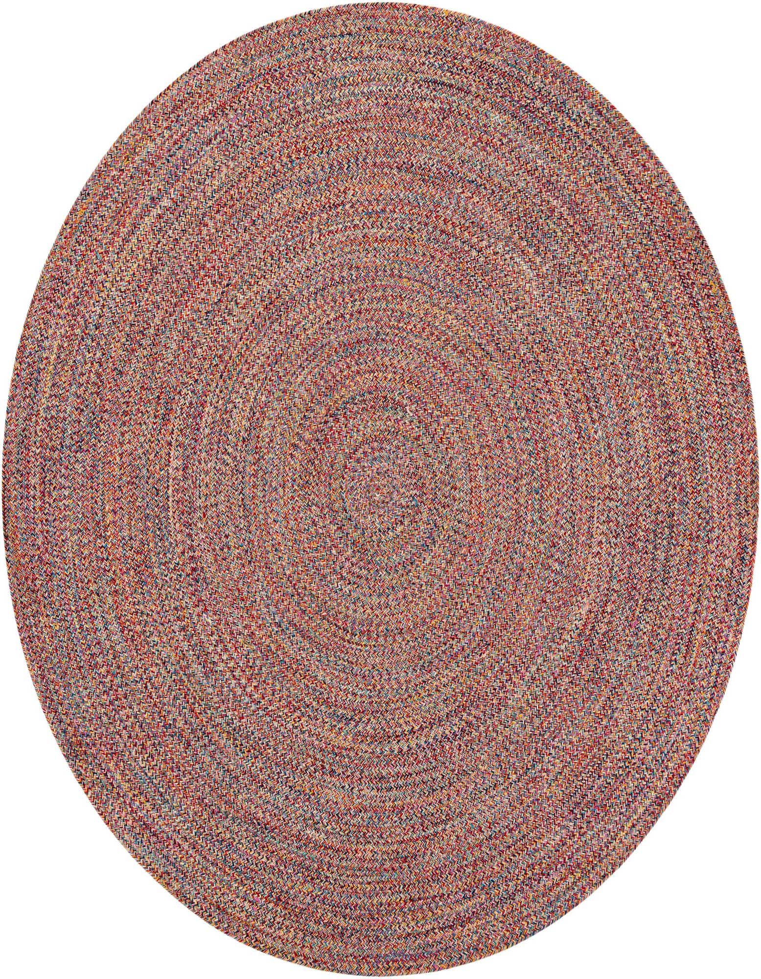 A 7' 10" round multi-colored braided rug with a modern stripe pattern, made from recycled PET polyester.