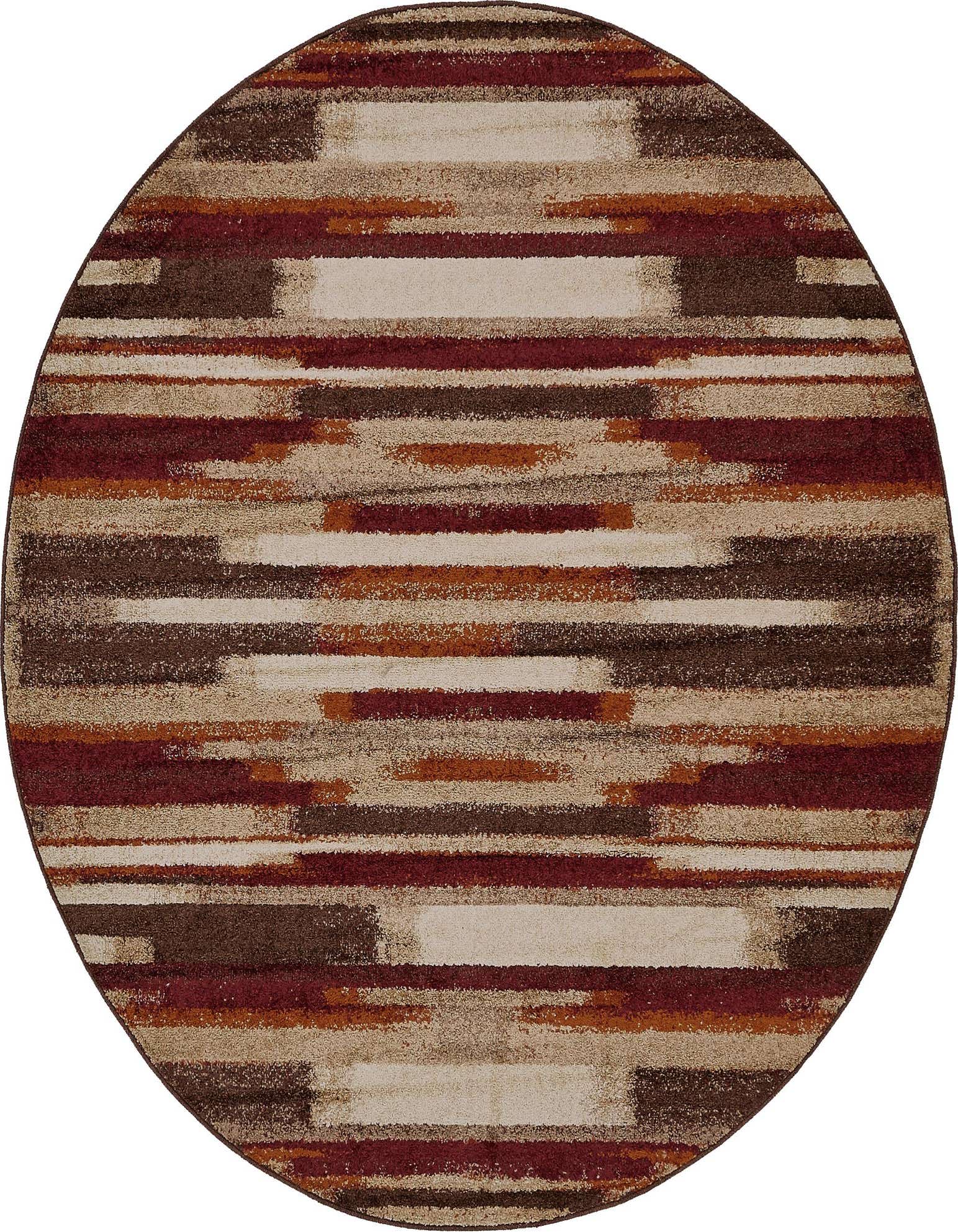 A 7' 10 round multi-colored rug with an eclectic stripe pattern in shades of red, brown, and beige.