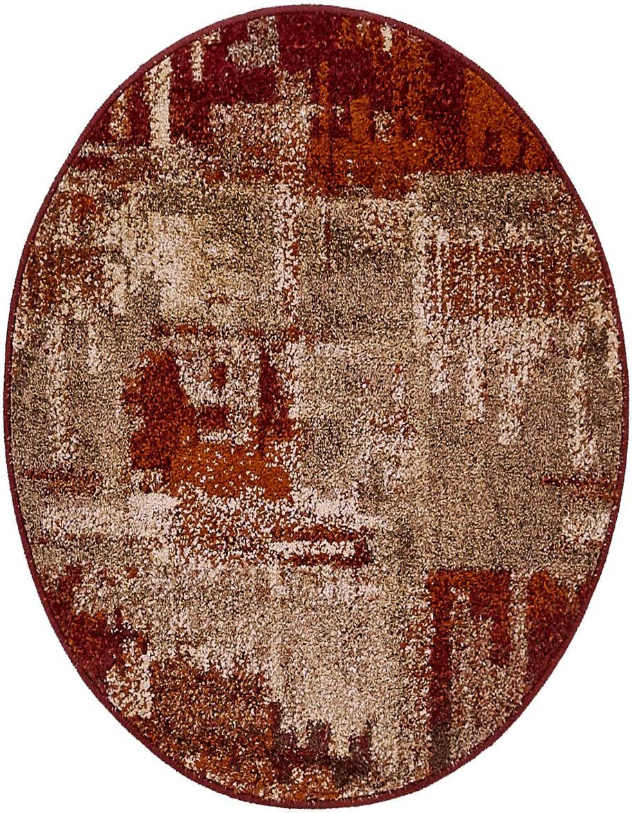 A 3' round multi-colored rug with an abstract, distressed pattern in shades of brown, rust, and beige.