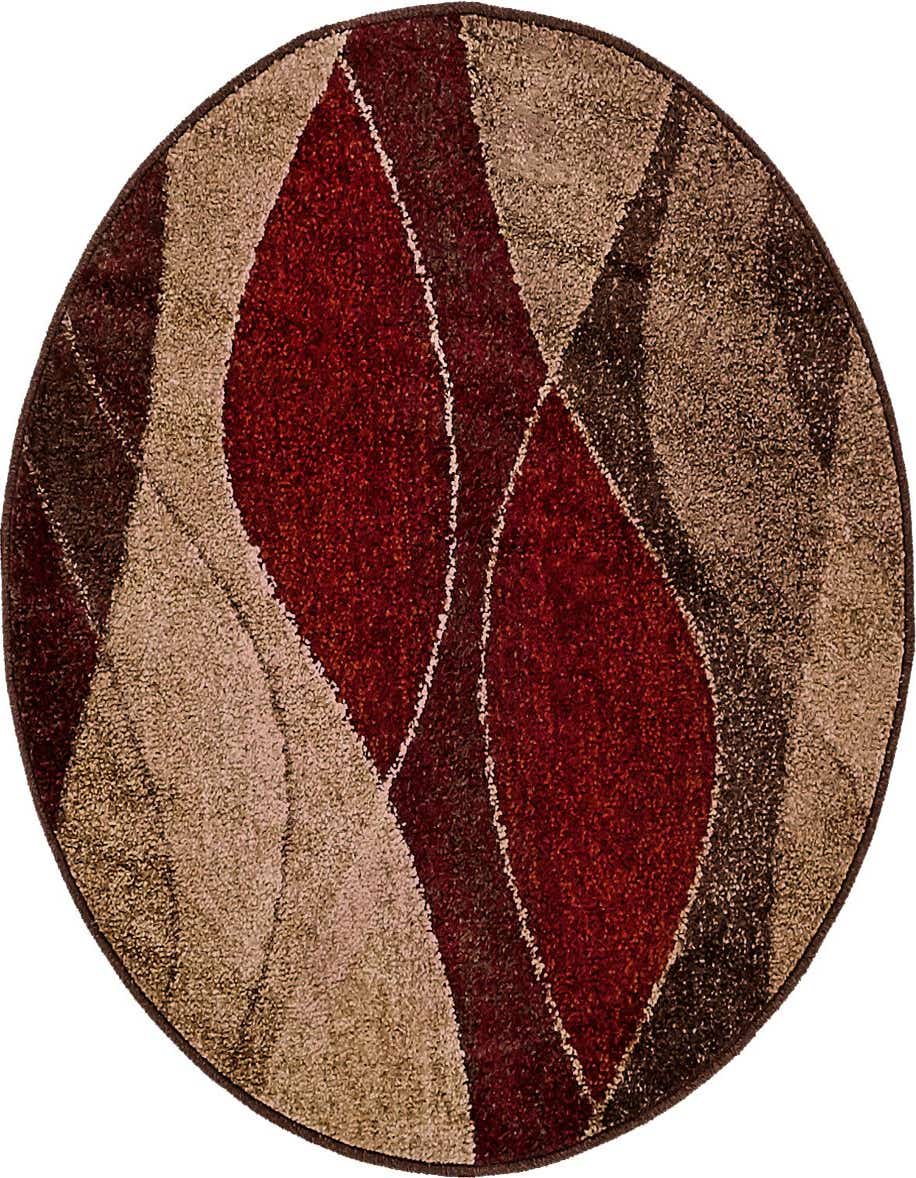 Rugs.com Equinox 3' round rug featuring a modern abstract pattern in shades of red, brown, and beige.