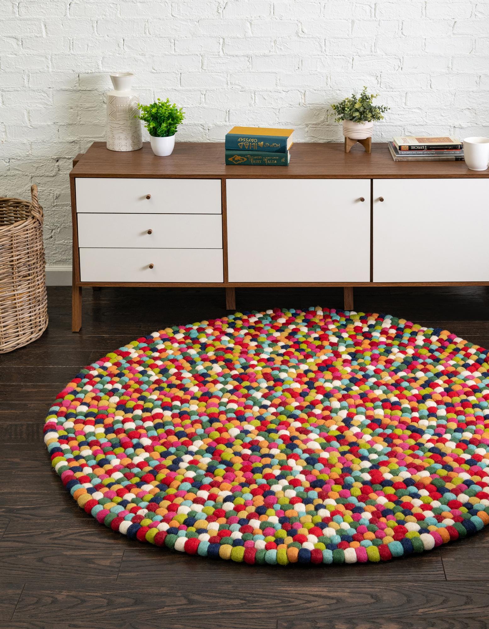 Multicolor 5' x 5' Felt Ball Wool Round Rug | Rugs.com