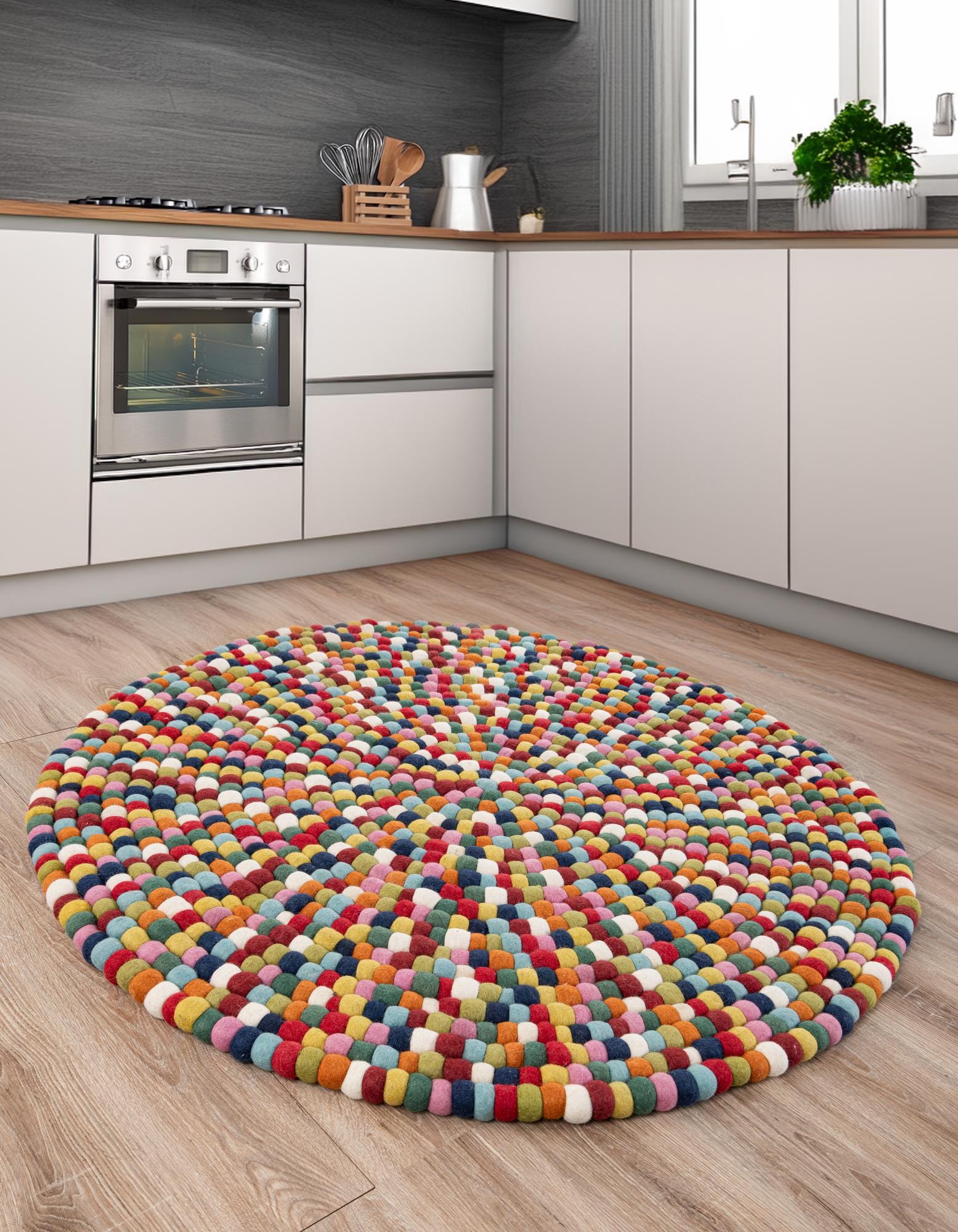 Multicolor 5' x 5' Felt Ball Wool Round Rug | Rugs.com