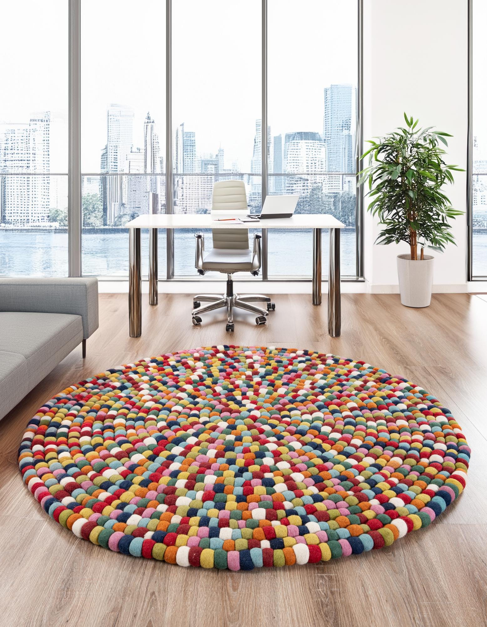 Multicolor 5' x 5' Felt Ball Wool Round Rug | Rugs.com