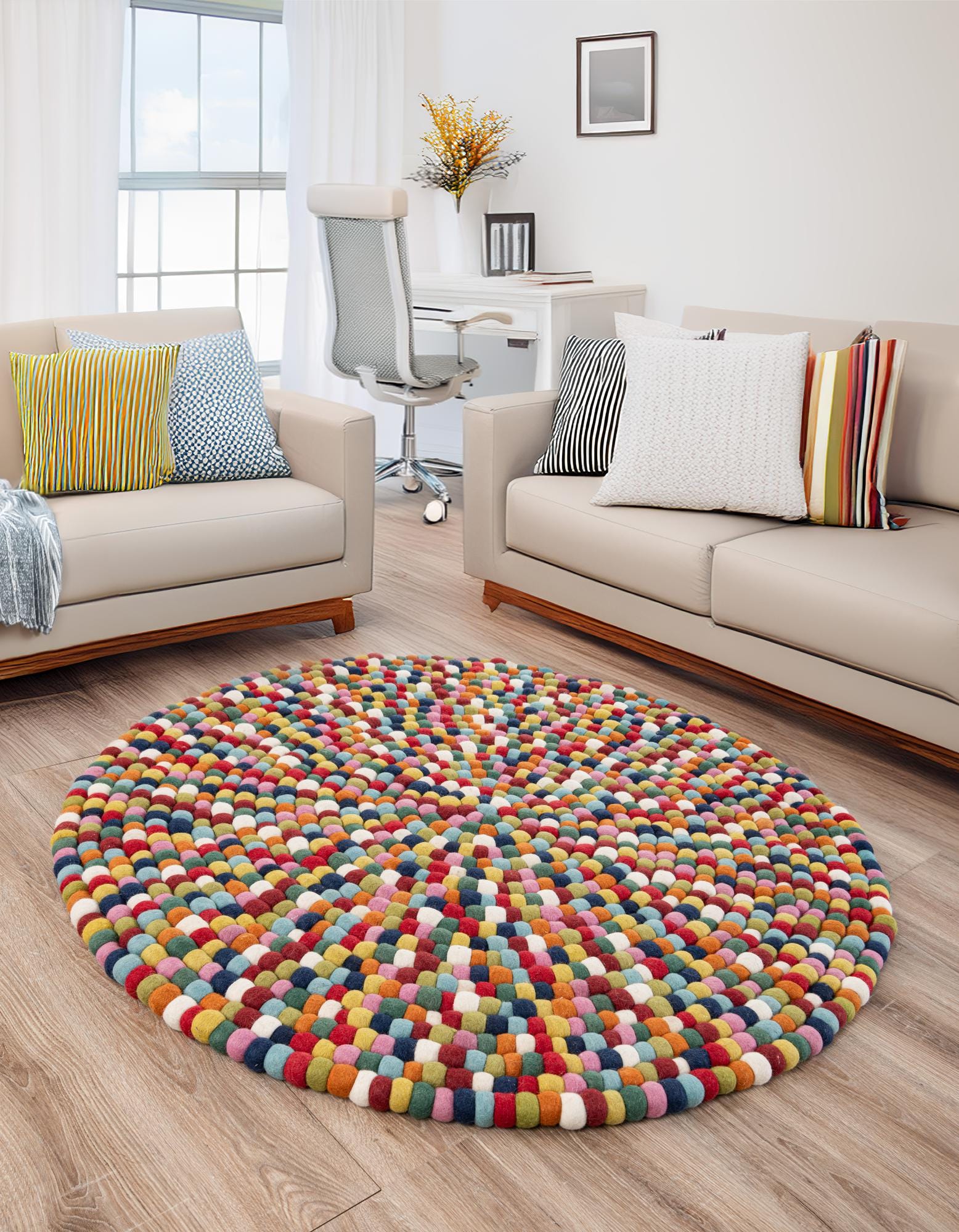 Multicolor 5' x 5' Felt Ball Wool Round Rug | Rugs.com