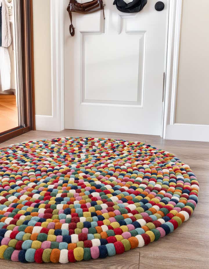 Multicolor 5' x 5' Felt Ball Wool Round Rug | Rugs.com