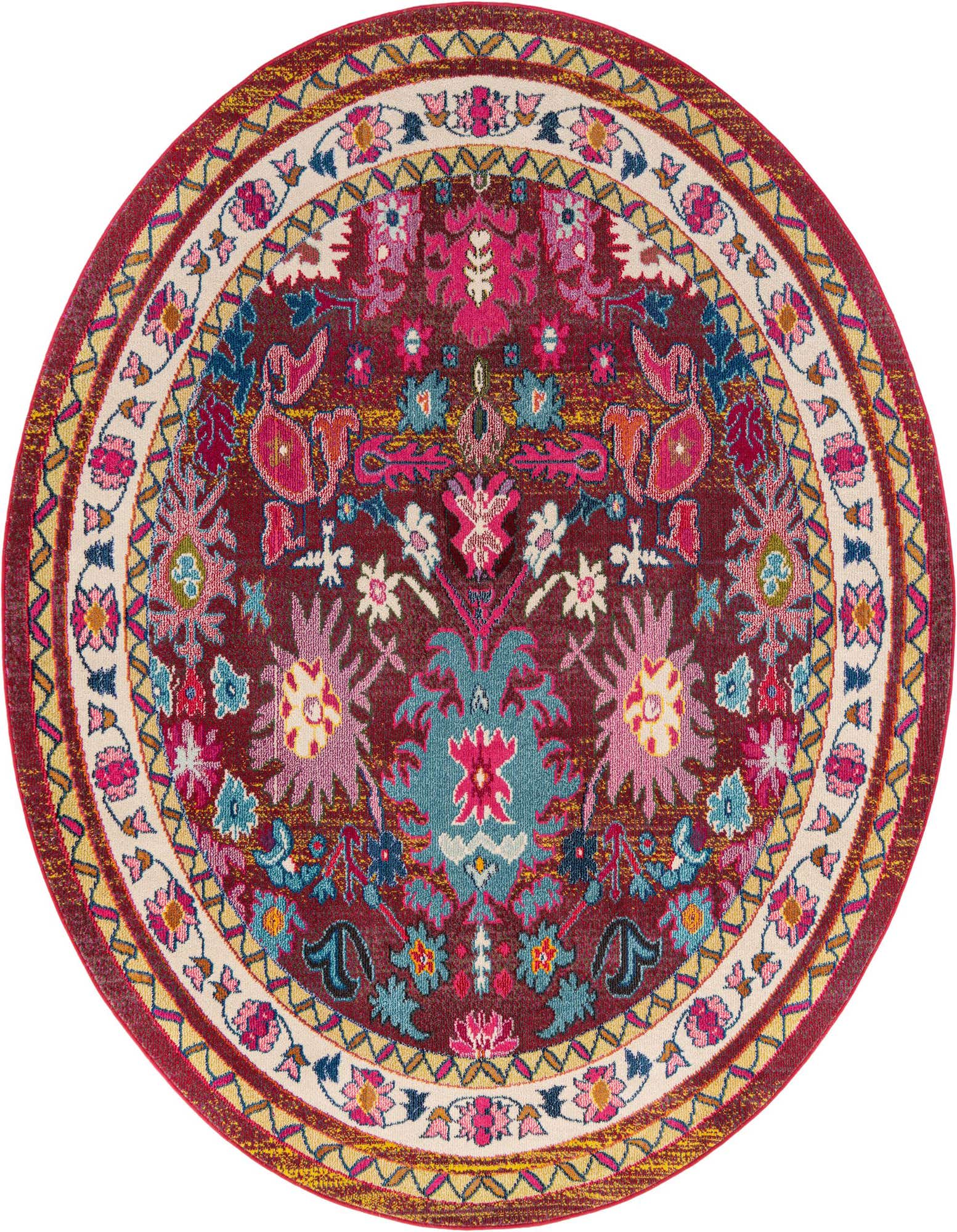 A vibrant 8' round multi-colored Bohemian rug with a detailed floral and botanical pattern on a deep red background.