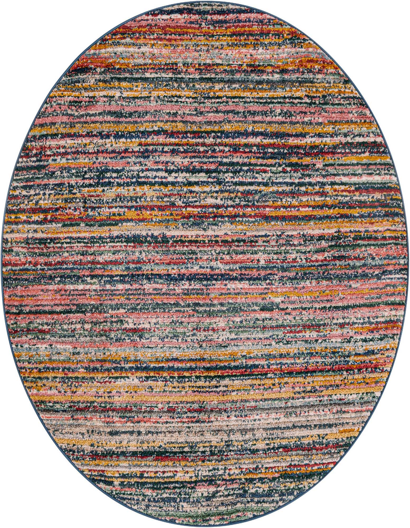 A 4' round multi-colored modern rug with horizontal stripes of pink, blue, yellow, and red, featuring a textured pile.