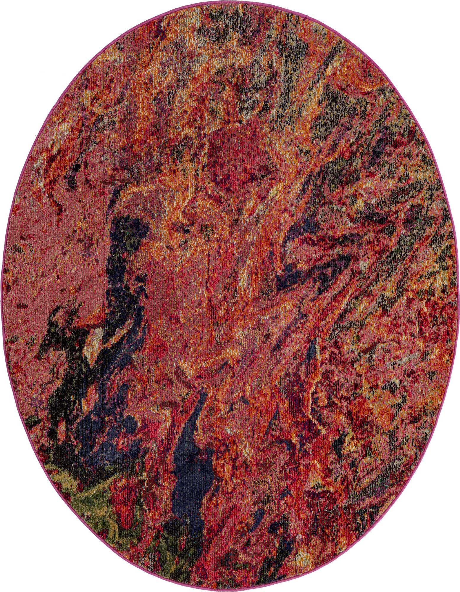 A 5' 3 round multi-colored modern abstract rug with a vibrant blend of red, orange, black, and yellow tones.