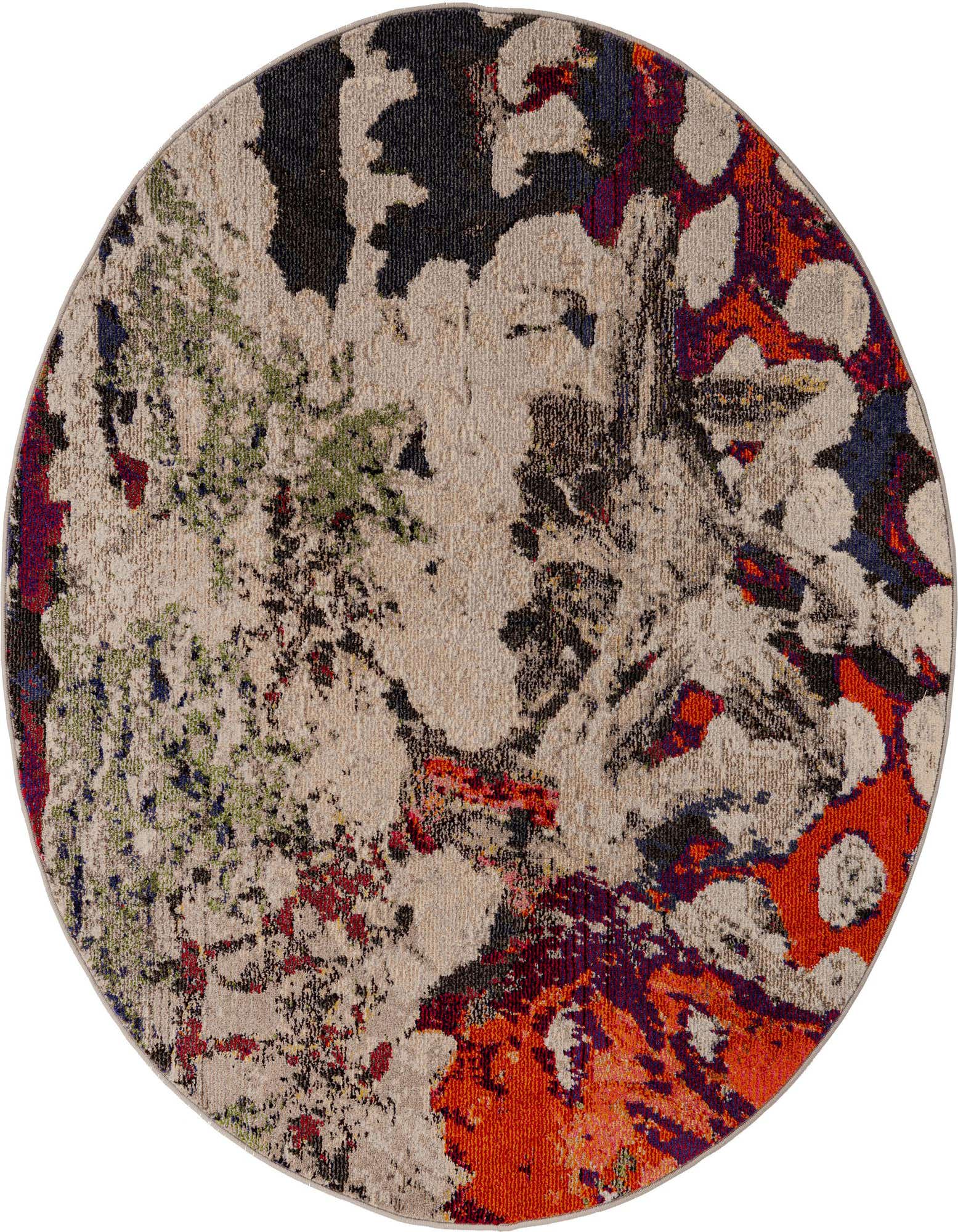 A 5' 3 x 5' 3 round modern abstract rug with a multi-colored design featuring beige, black, red, green, and blue hues.