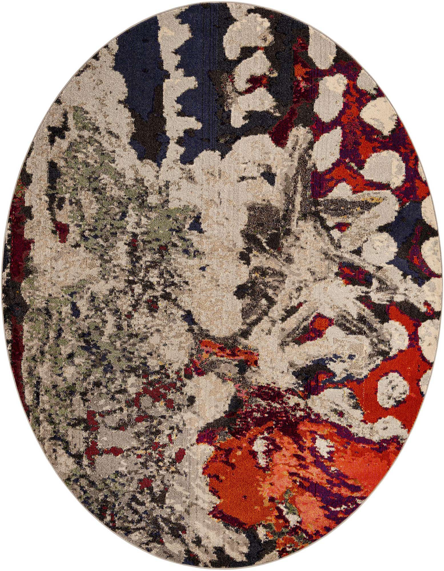A 7' 10" round multi-colored abstract rug featuring bold splashes of red, blue, green, and beige.