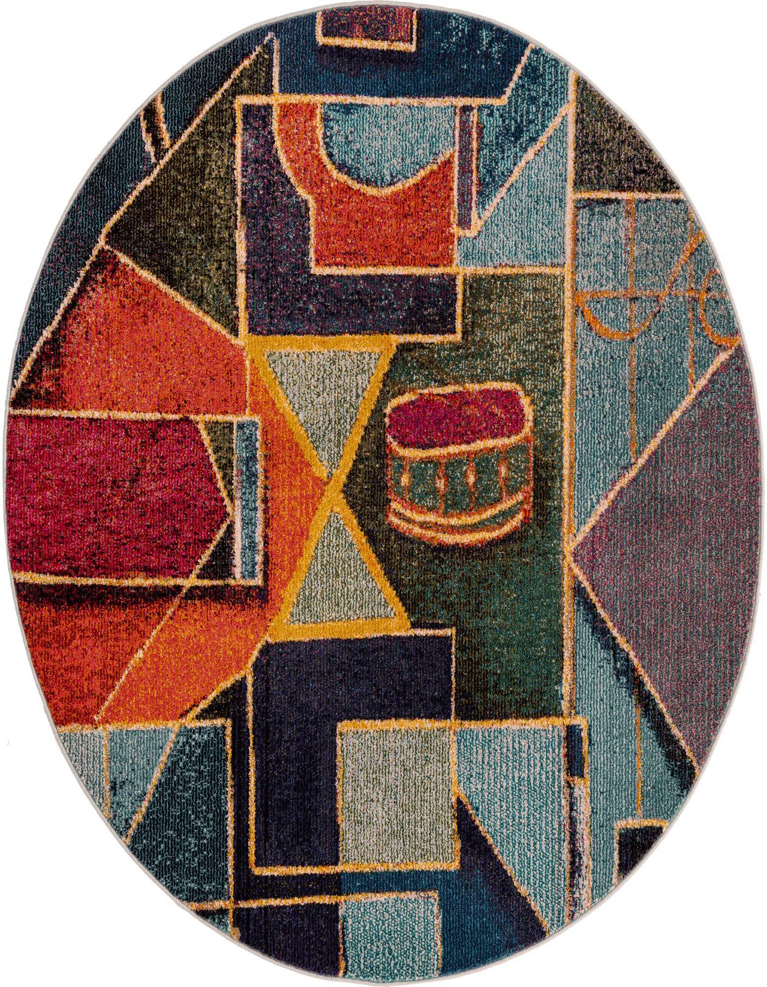 A 5' 3 round multi-colored modern abstract rug with geometric shapes in teal, orange, red, and blue.