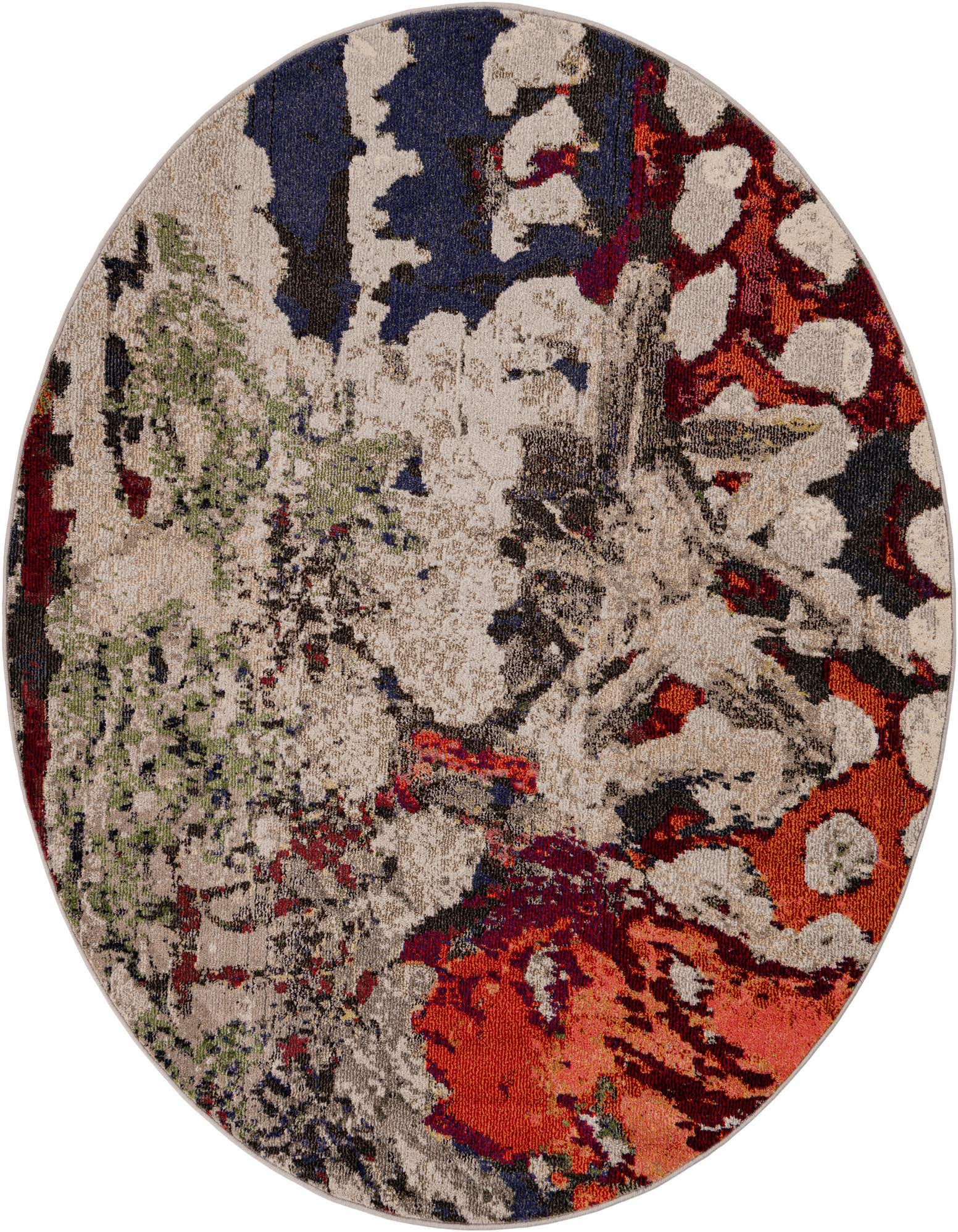 A 6' 0 x 6' 0 round multi-colored abstract rug with a mix of beige, blue, green, and orange tones.