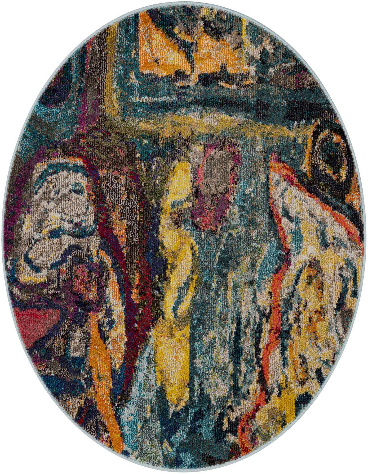 A 4' round multi-colored abstract rug with vibrant teal, yellow, orange, and purple hues, suitable for a modern indoor space.