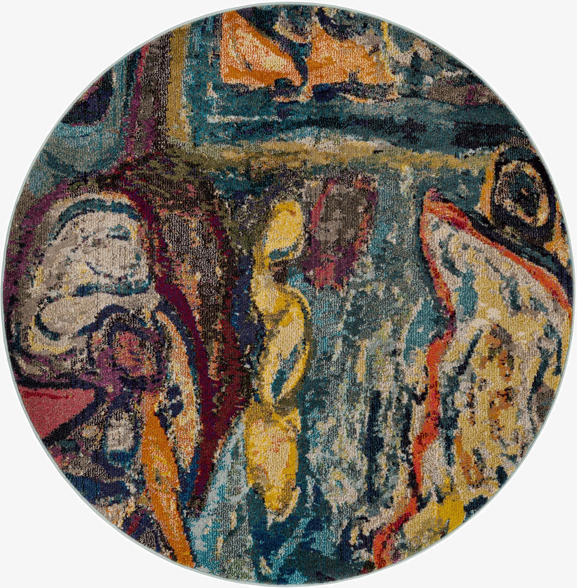 A 5' 3 round modern abstract rug with a vibrant multi-colored pattern, featuring shades of blue, yellow, orange, and red.