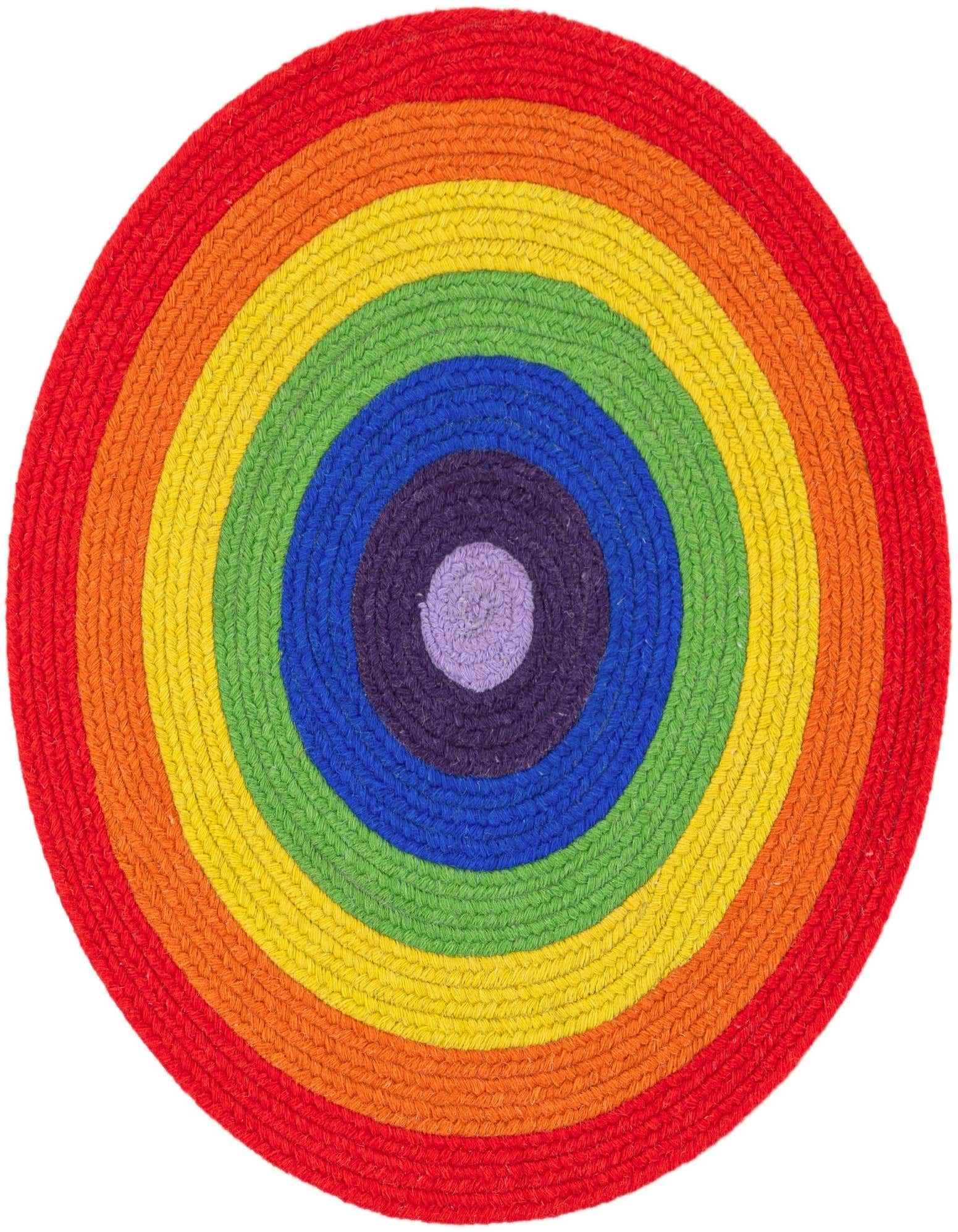 A vibrant 3' 1 x 3' 1 round braided wool rug featuring concentric rainbow colors, from red to purple.