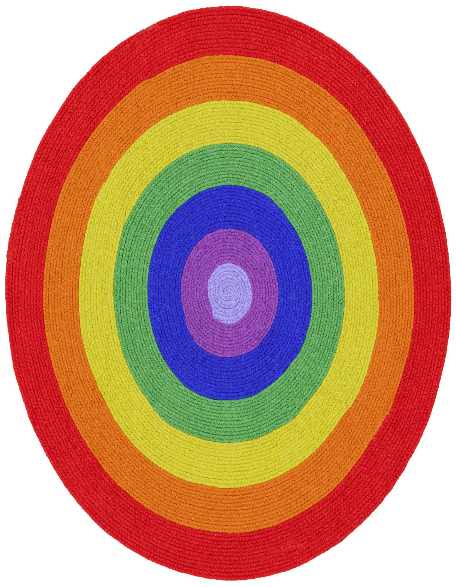 A vibrant 5' 1 x 5' 1 round multi-colored braided wool rug featuring concentric rainbow rings.