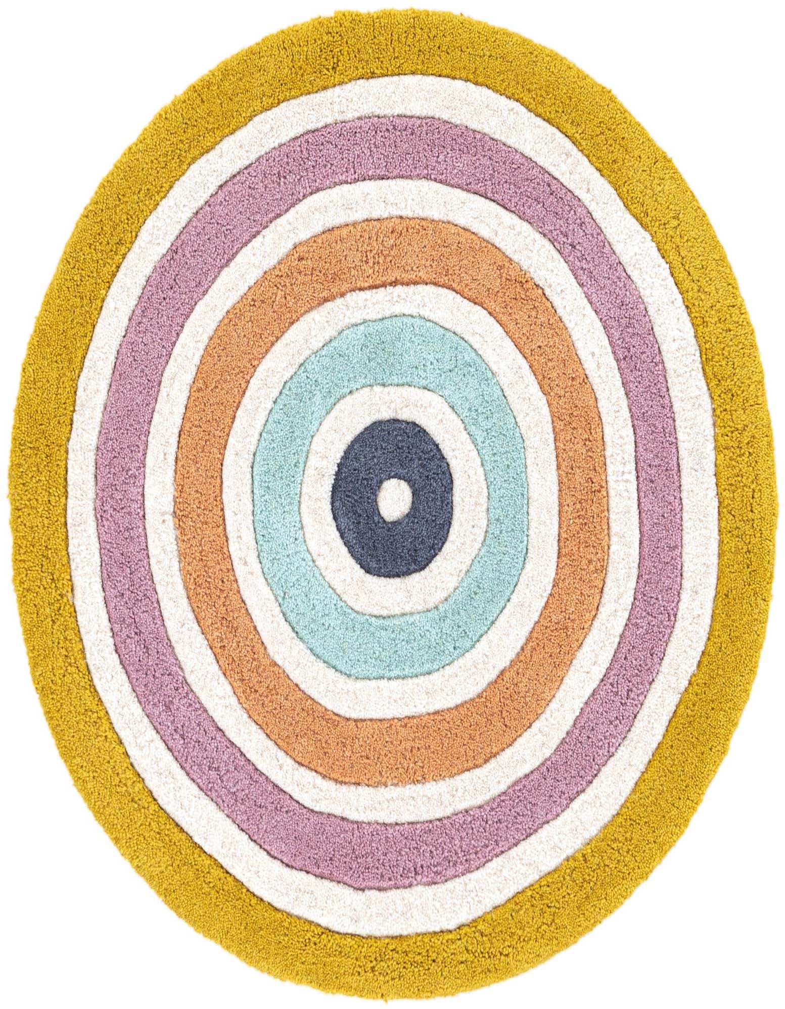 A 2' round multi-colored wool rug with concentric circles in yellow, white, purple, orange, light blue, and dark blue.