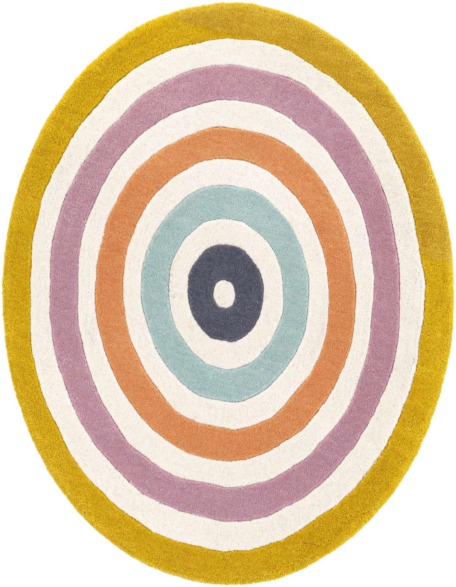 A vibrant 3' 1 x 3' 1 round wool rug featuring concentric circles in mustard, lavender, orange, light blue, and dark gray.