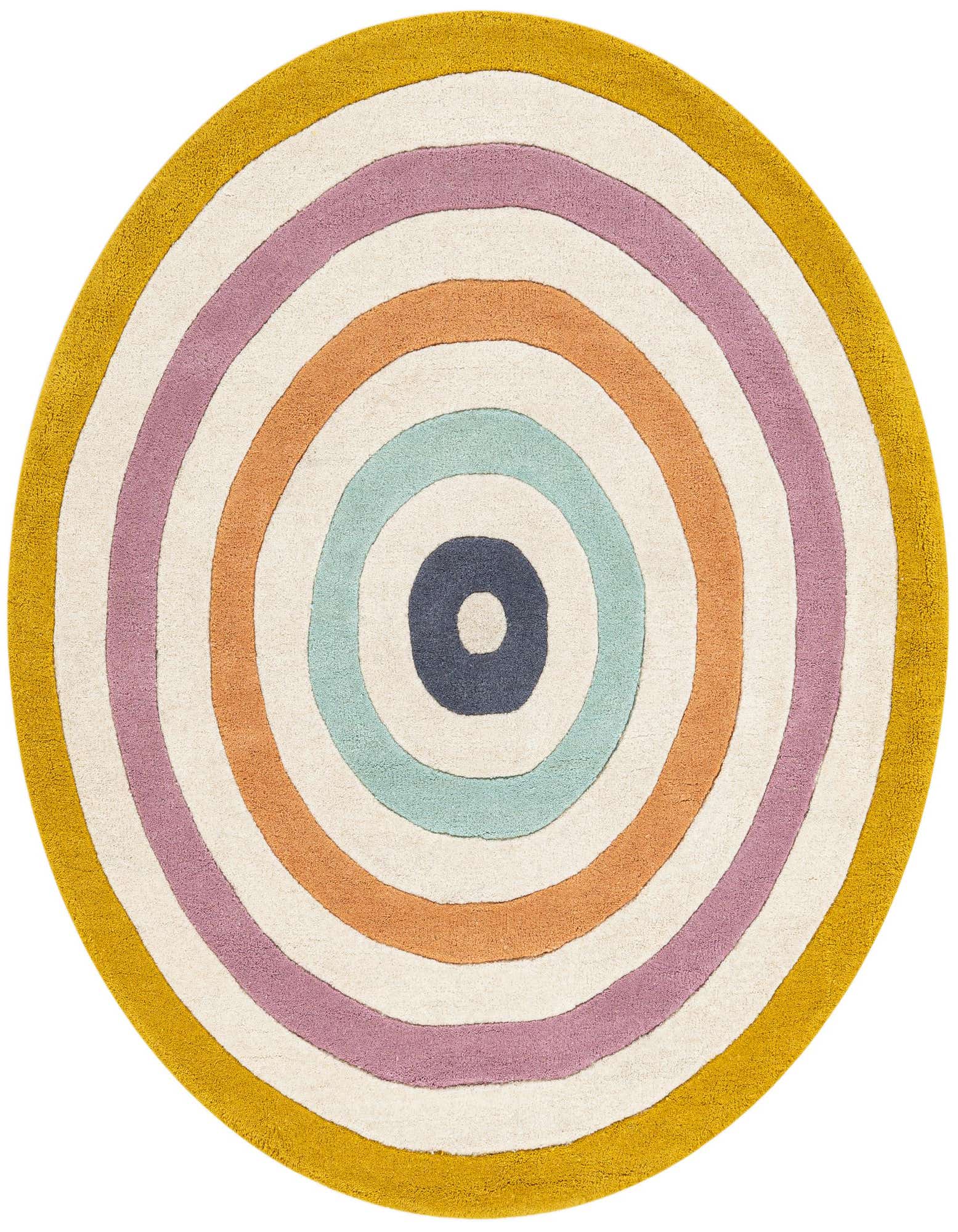 A vibrant 4' 1 x 4' 1 round wool rug with concentric circles in mustard, lavender, orange, teal, and navy on a cream background.